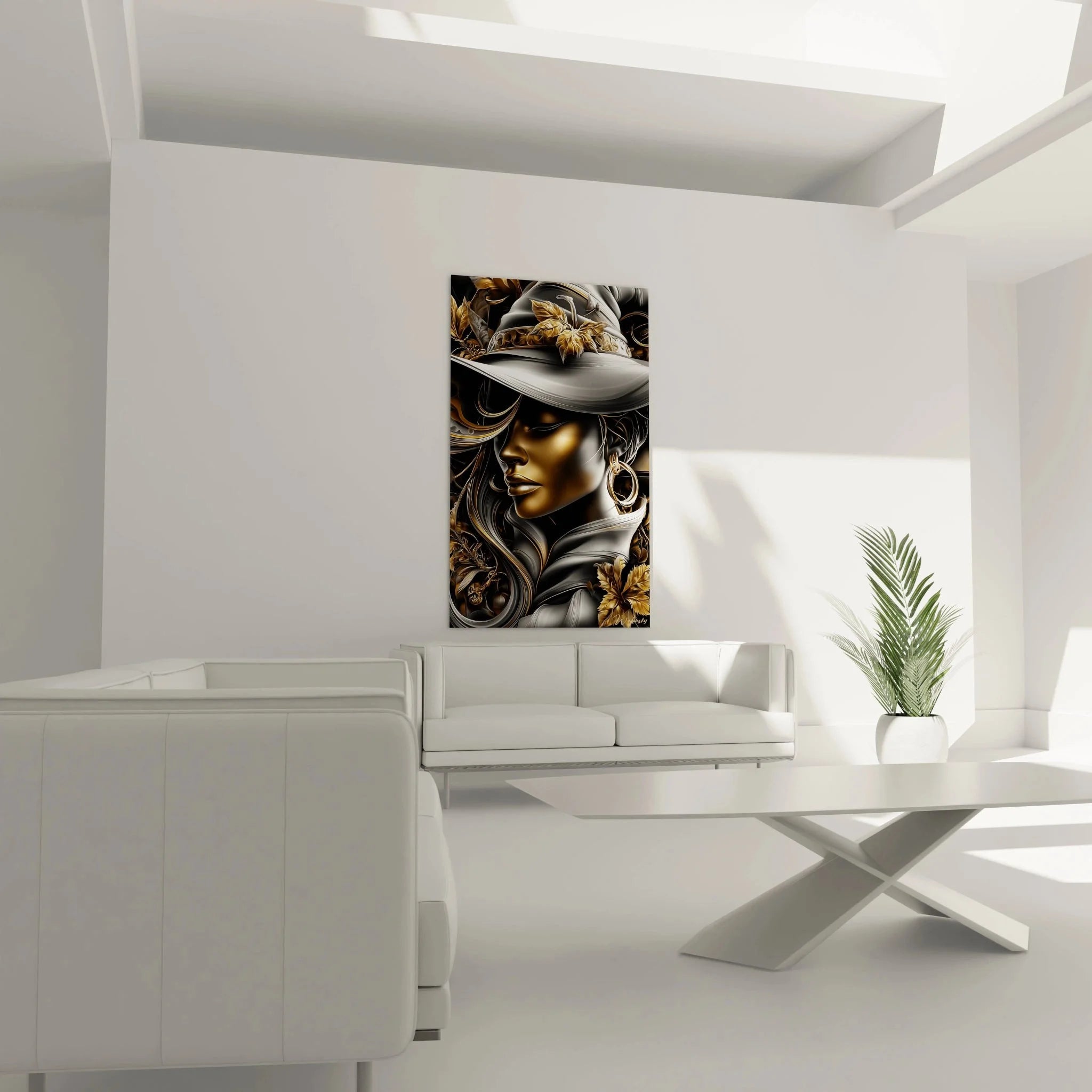 Nahaufnahme Wandbild Halloween mystische Frau Gold Details florale Ornamente luxuriöse Wandkunst