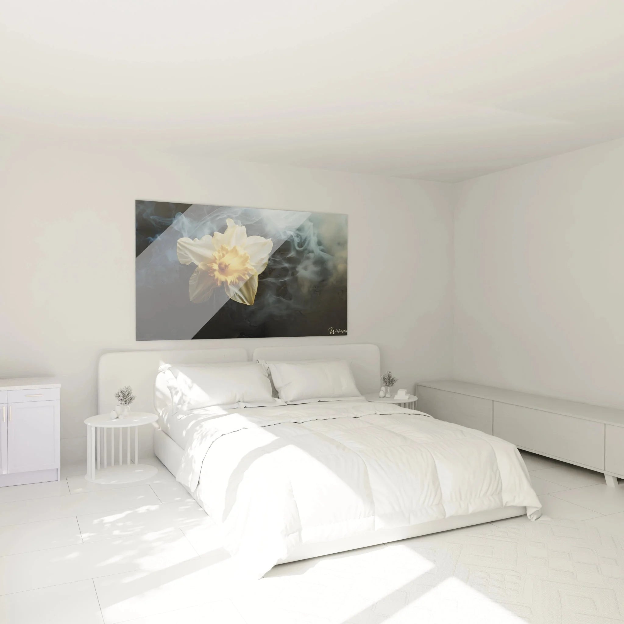 Narzisse Leinwandbild im Schlafzimmer - Elegante Wandkunst mit Raucheffekt