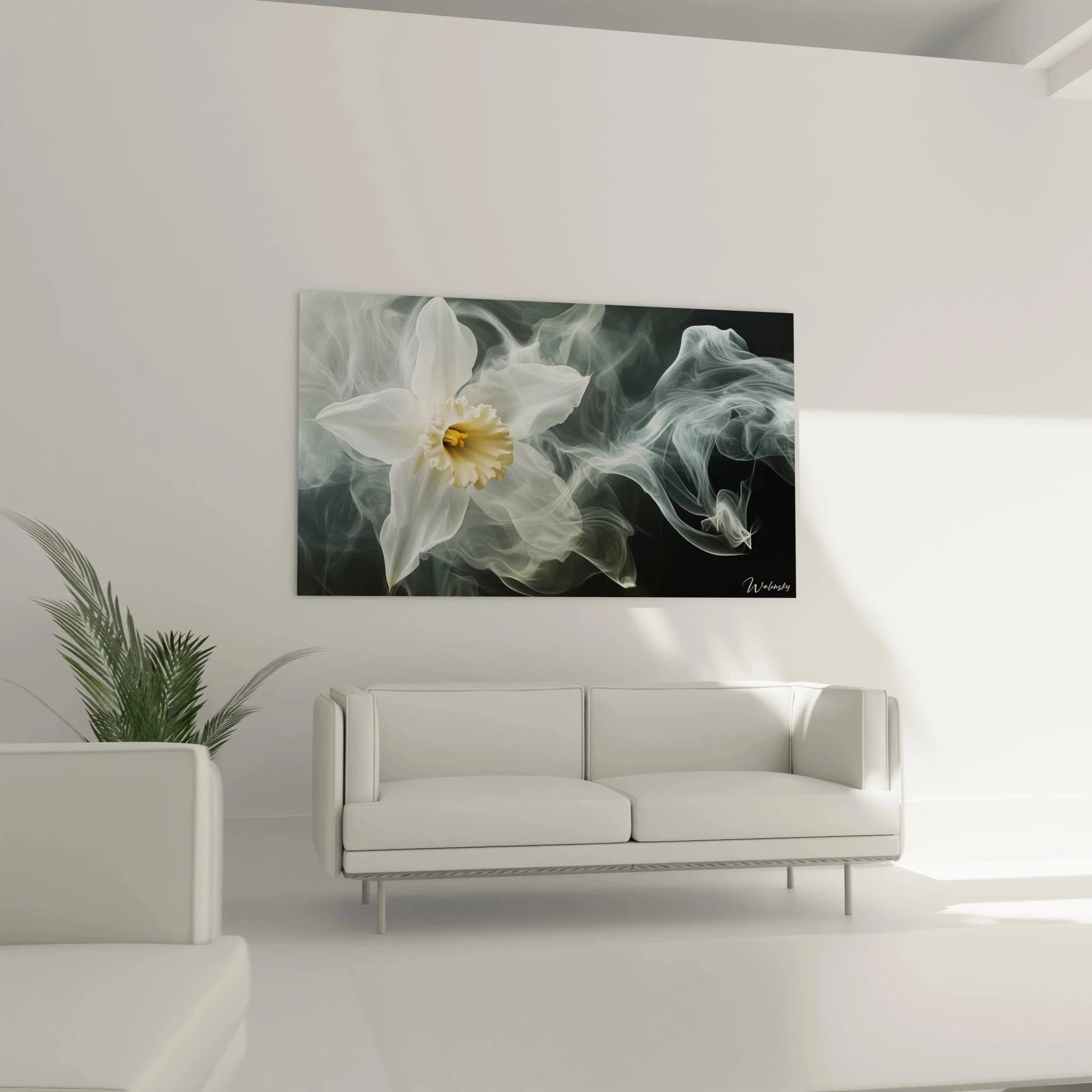 Nahaufnahme Wandbild Narzisse Detail, weiße Blütenblätter mit gelber Krone und Raucheffekten