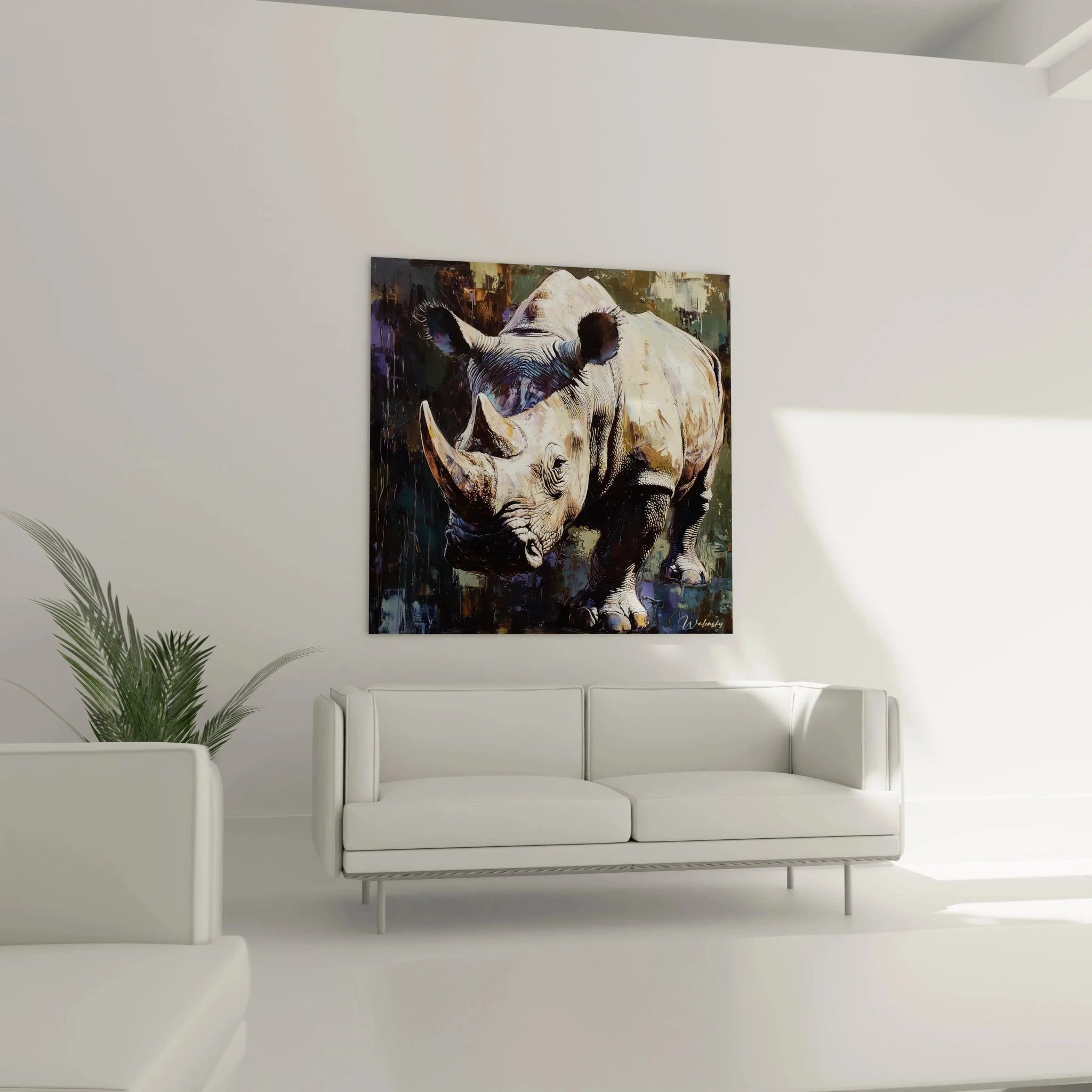 Nahaufnahme Nashorn Gemälde Details Pinselstriche Textur abstrakte Elemente Wandkunst