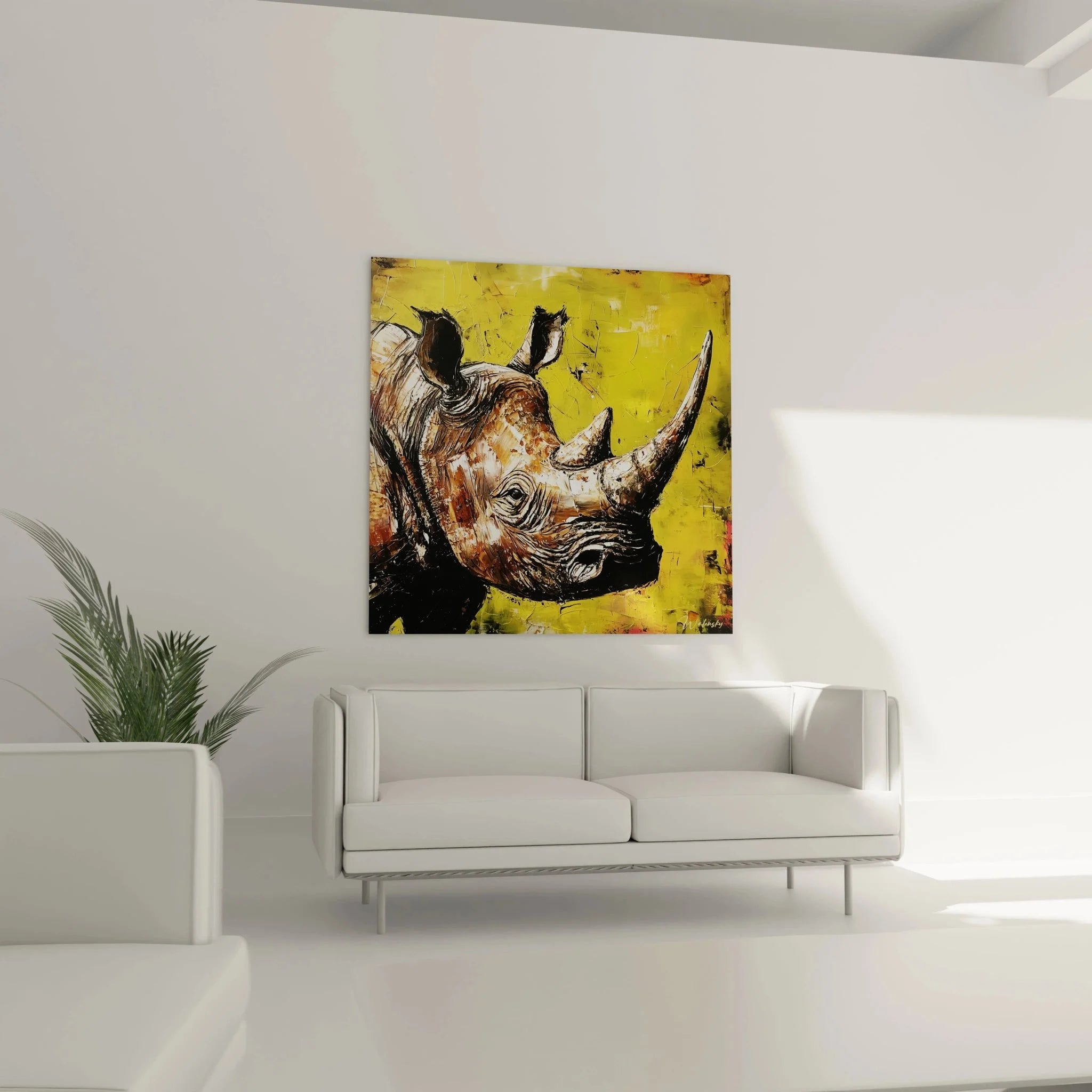 Nashorn Kunstwerk Nahaufnahme Details Hörner Gesicht expressive Maltechnik gelber Hintergrund