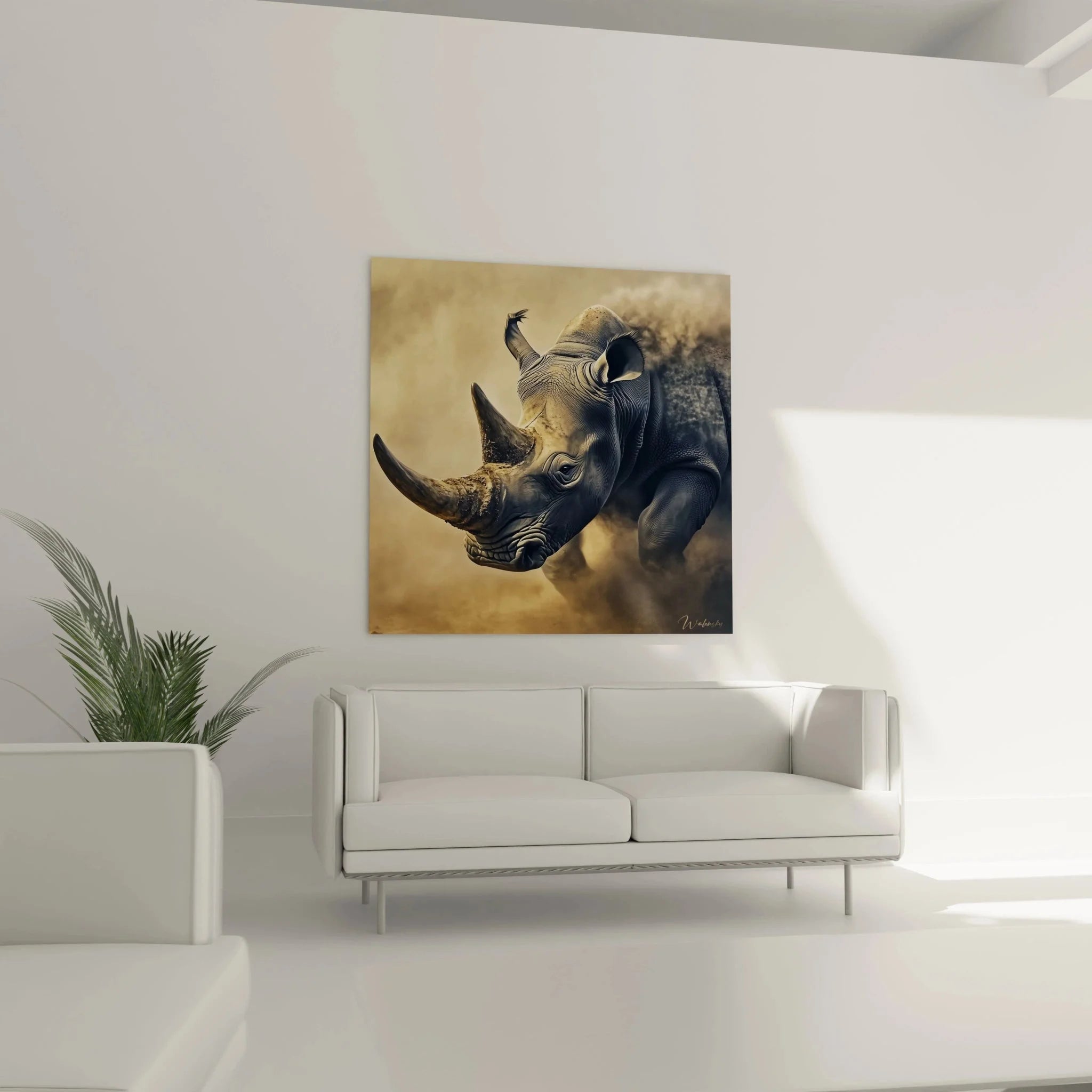 Detailaufnahme Nashorn Wandbild - realistische Hautstruktur und Horn in Nahaufnahme