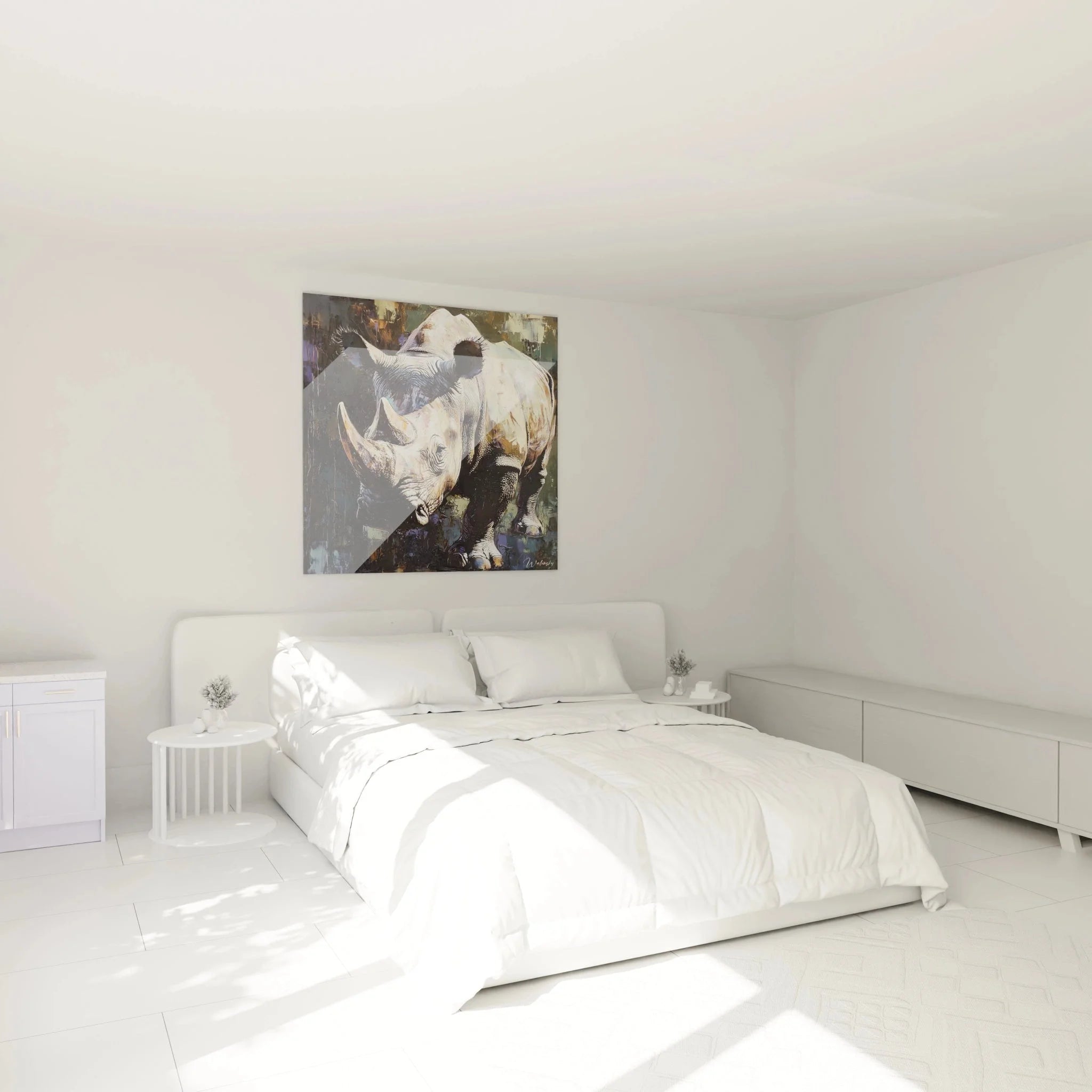 Nashorn Wandbild im Schlafzimmer Ambiente moderne Wanddekoration kraftvolle Ausstrahlung