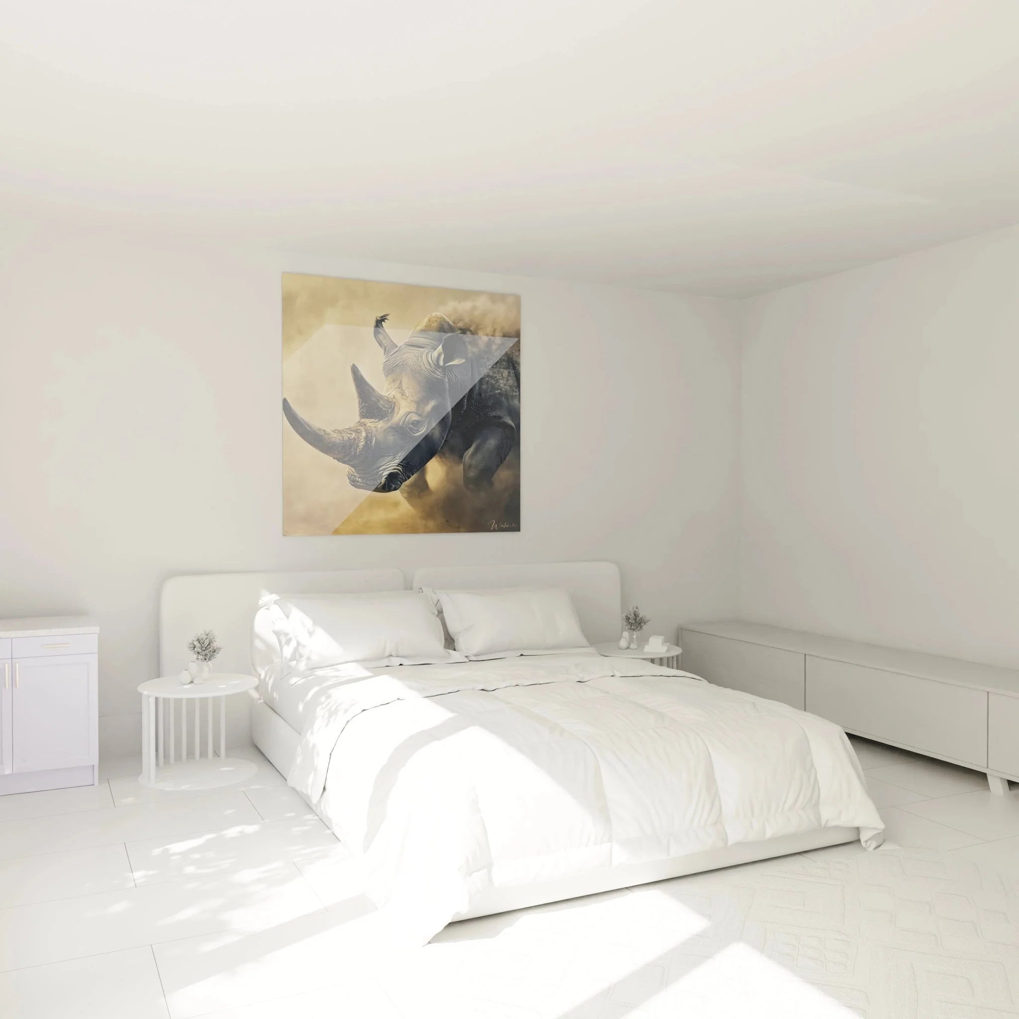 Nashorn Wandbild im Schlafzimmer - majestätische Wandkunst für moderne Wohnräume