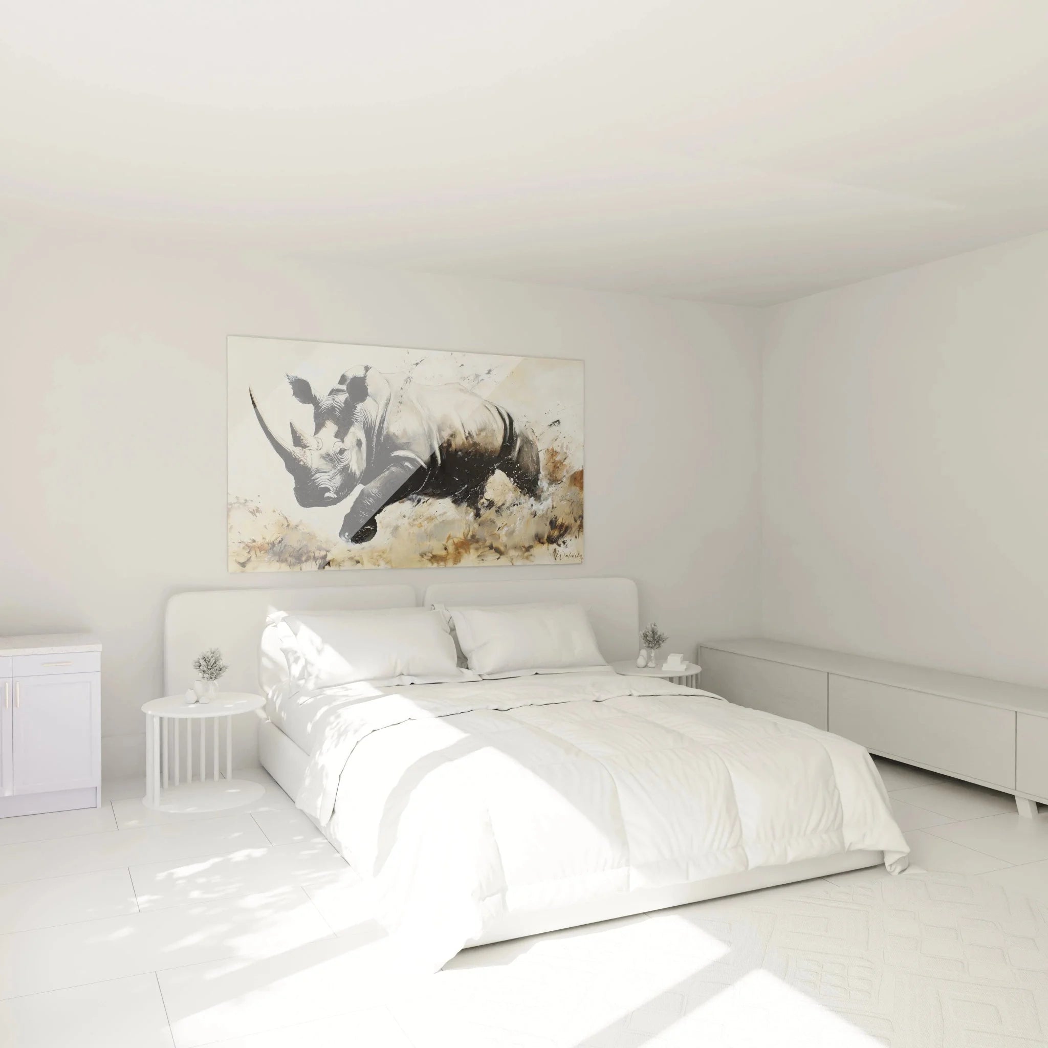 Nashorn Wandbild in elegantem Schlafzimmer - stilvolle Wanddeko mit Tiermotiv für gemütliche Atmosphäre