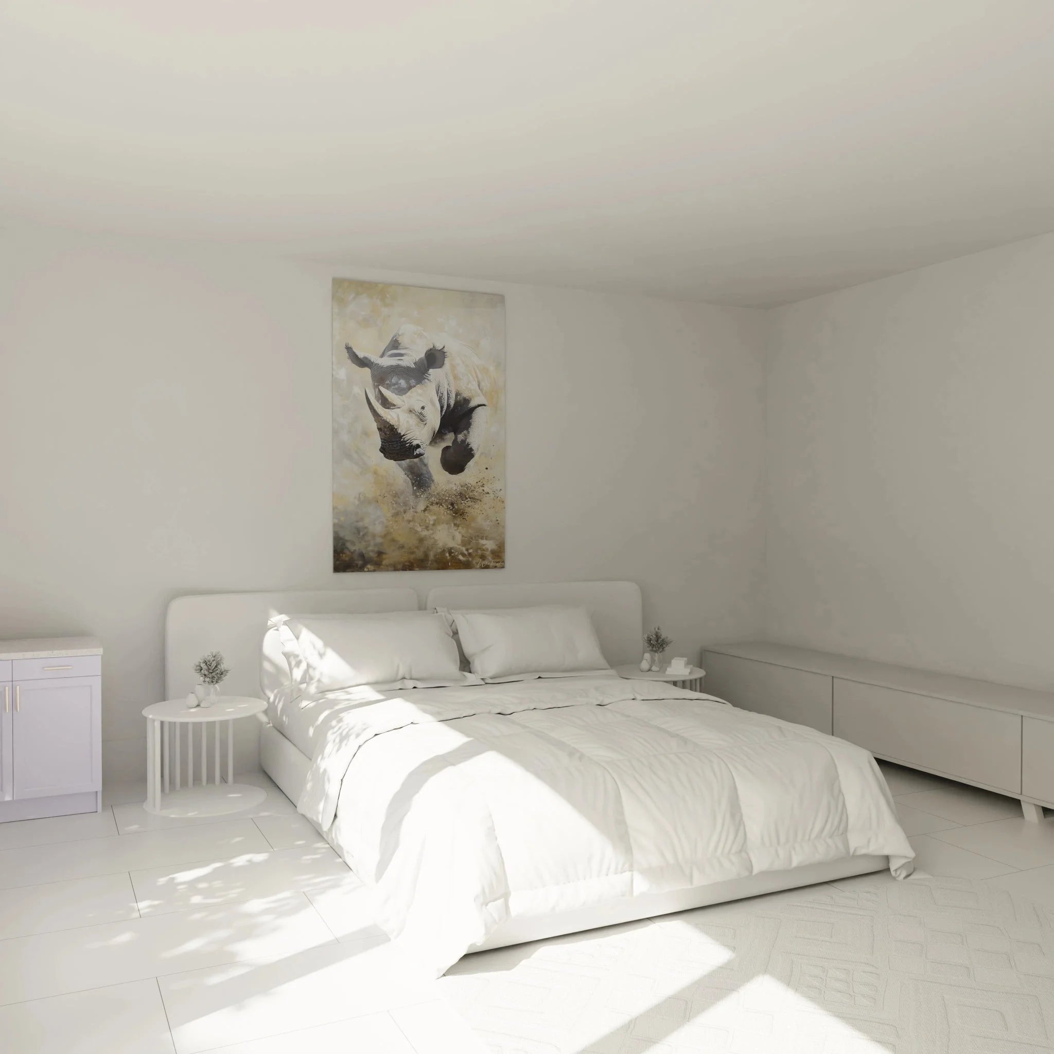 Nashorn Wandbild in Schlafzimmer Ambiente - moderne Tierkunst Wanddekoration mit Afrika Motiv