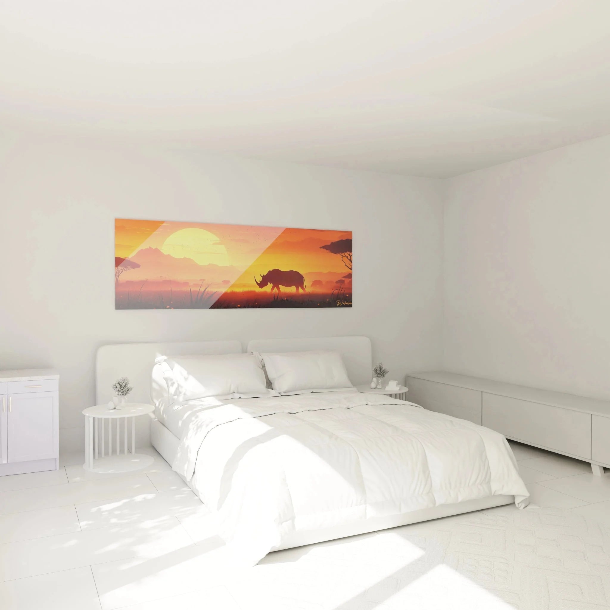Nashorn Wandbild XXL über Bett im Schlafzimmer mit warmer Beleuchtung und moderner Einrichtung