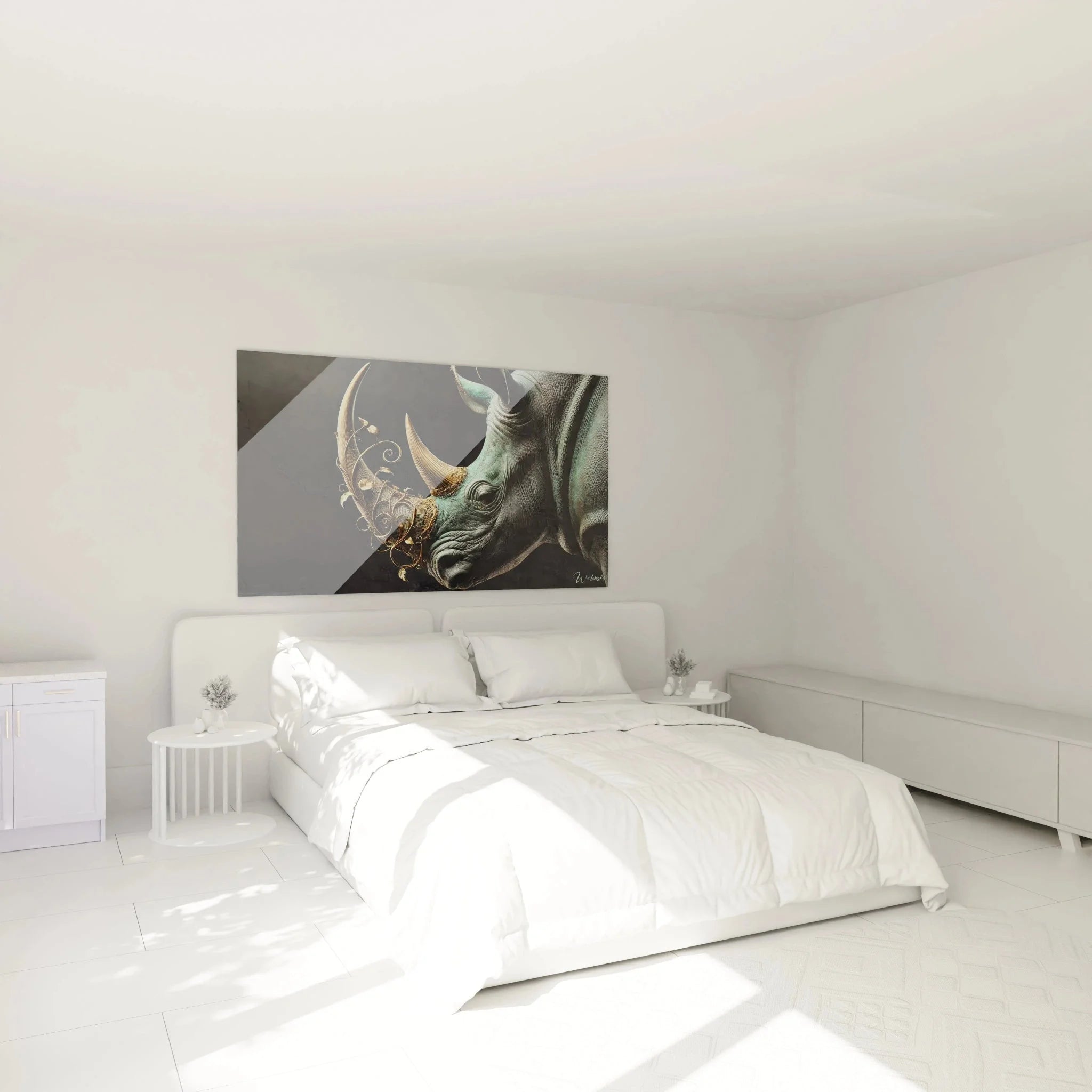 Nashorn Wandbild XXL mit Goldornamenten als stilvolle Schlafzimmerdekoration an moderner Wand