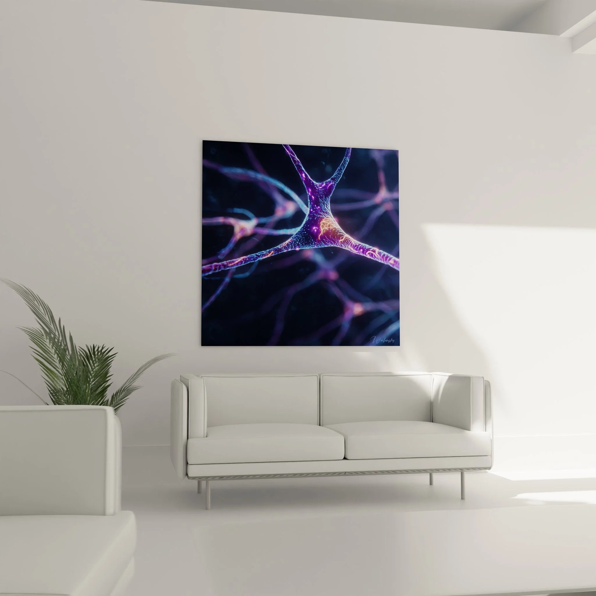 Detailaufnahme Neuron Wandbild - leuchtende Dendriten und Axone in violetten Farbtönen