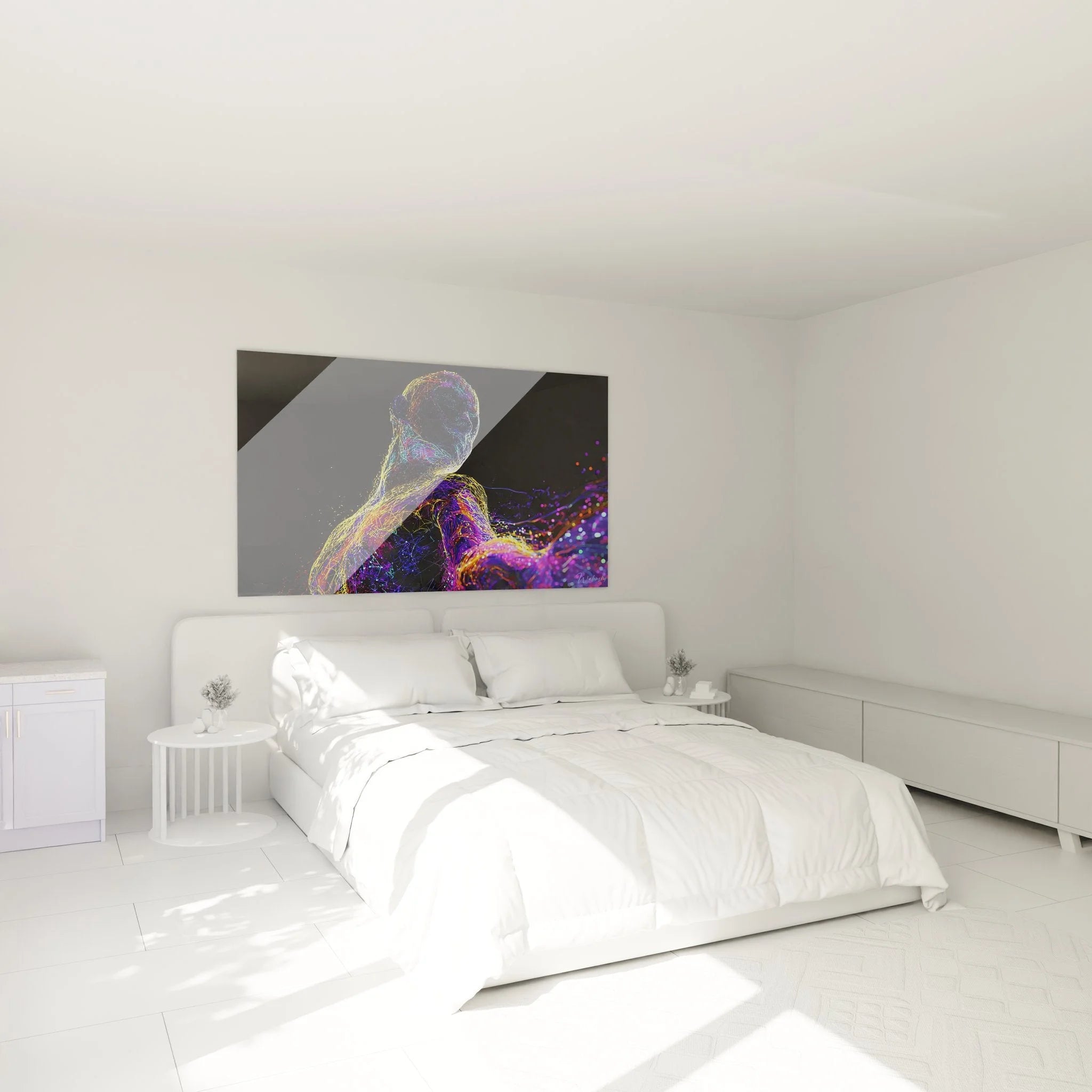 Neuronales Wandbild digitaler Mensch Schlafzimmer Ambiente moderne Raumgestaltung violett gold