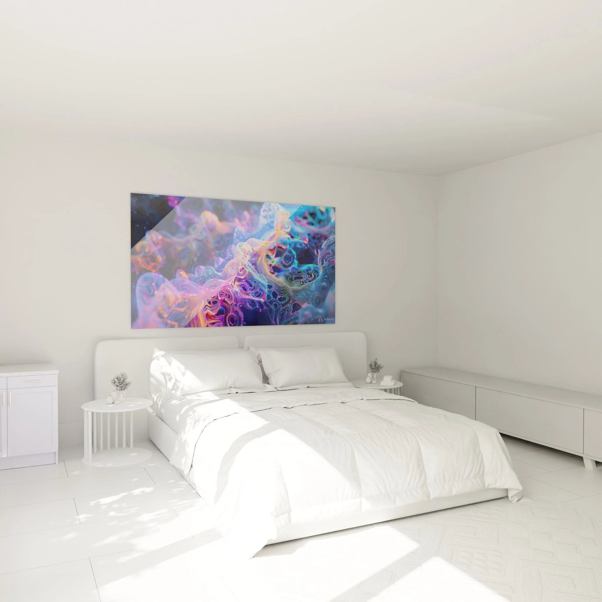 Modernes Schlafzimmer mit abstraktem Neuronen Wandbild in beruhigenden Blau-Violett Farben an der Wand