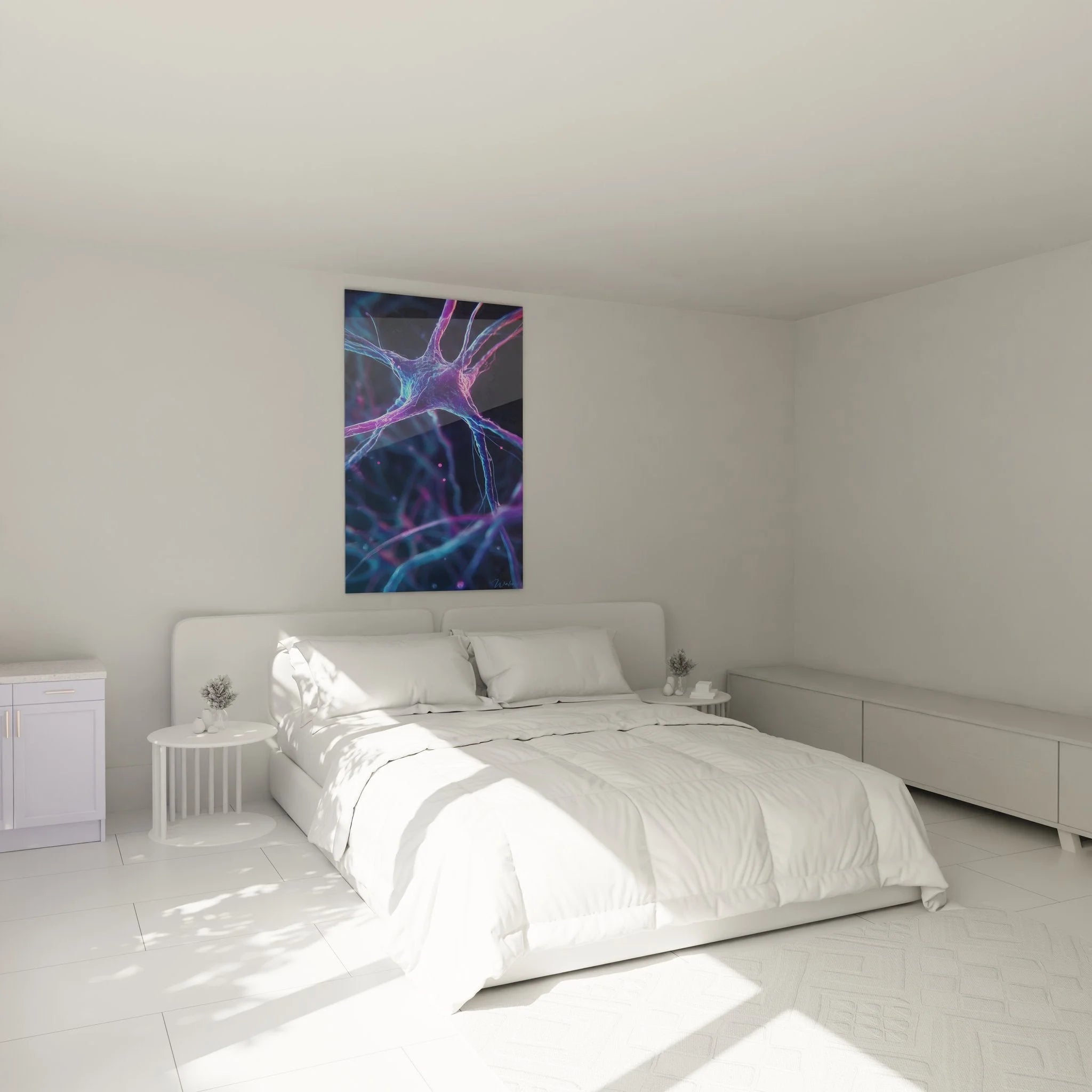 Neuronen Wandbild XXL in modernem Schlafzimmer mit synaptischen Verbindungen als Wanddekoration