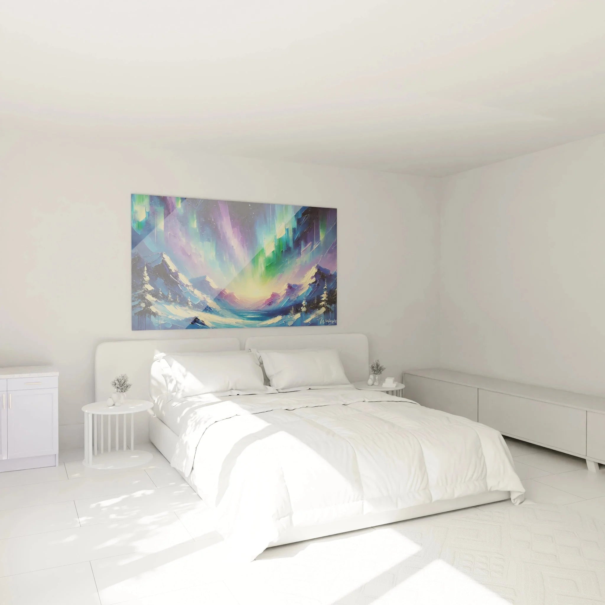 Nordlicht Wandbild in modernem Schlafzimmer mit Aurora Borealis Berglandschaft