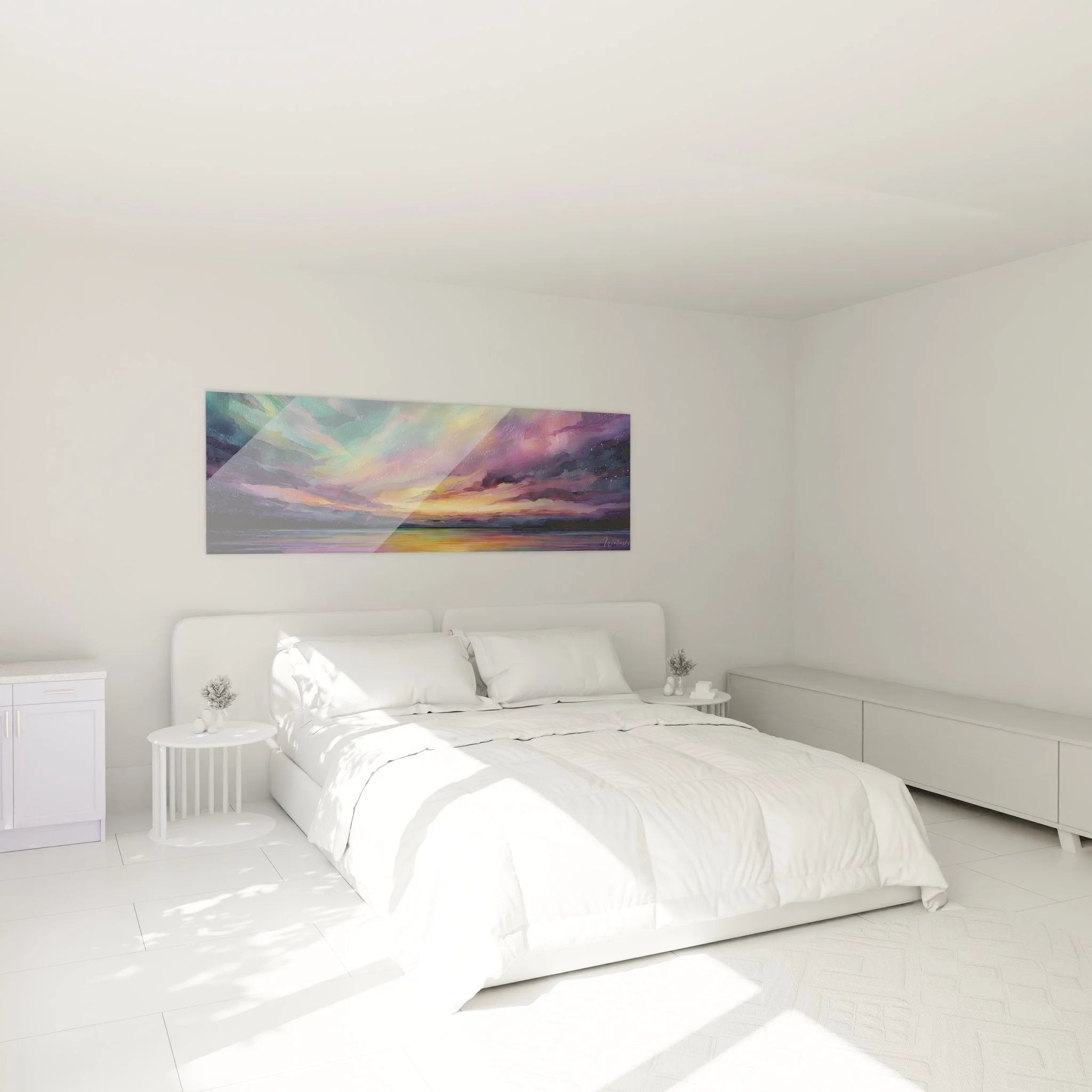 Nordlicht Wandbild in modernem Schlafzimmer - Polarlicht Wanddekoration als Kopfteil über dem Bett