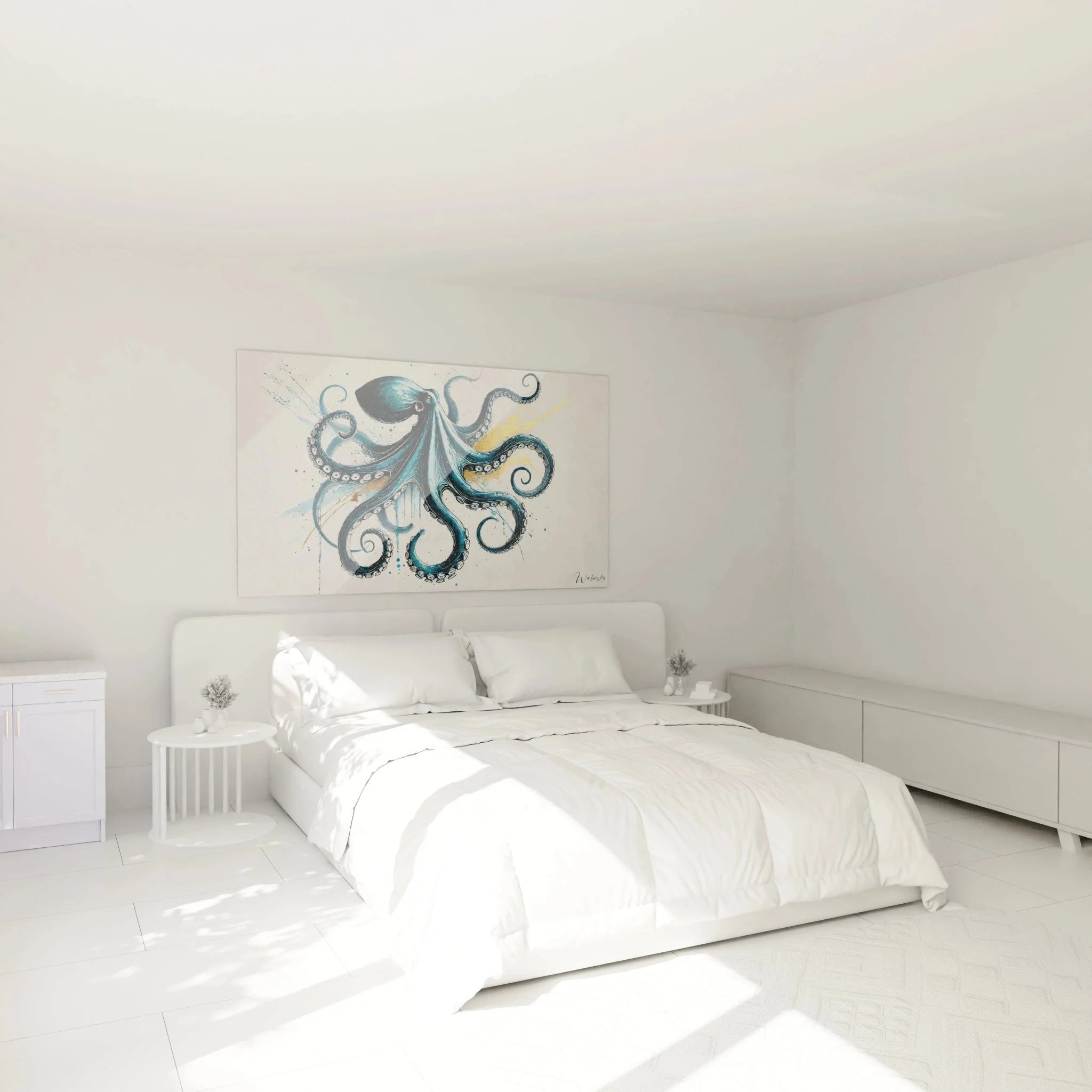 Oktopus Wandbild im Schlafzimmer - Maritime Wanddekoration mit Tintenfisch in Blautönen