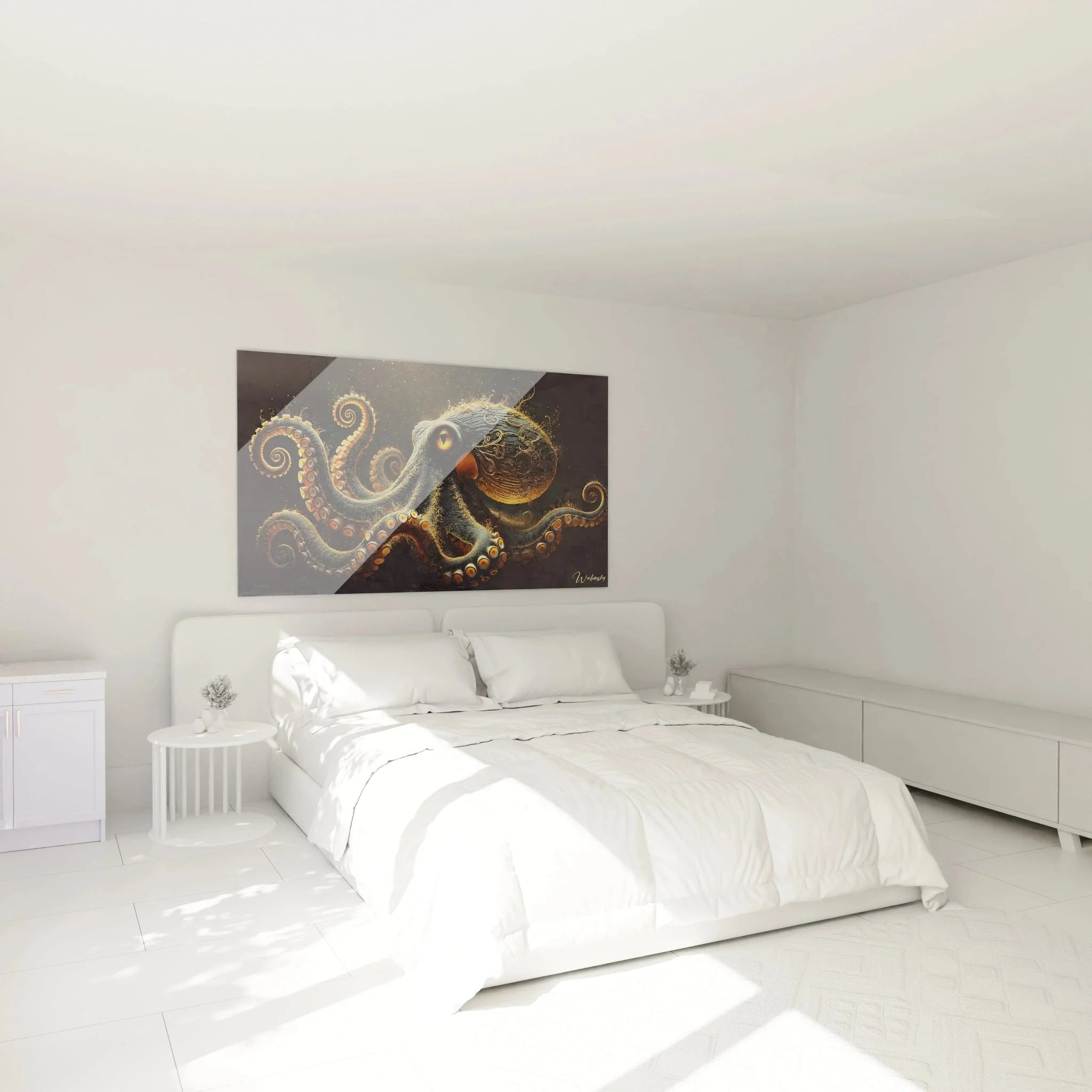 Oktopus Wandbild XXL in modernem Schlafzimmer als elegante Wanddekoration über dem Bett