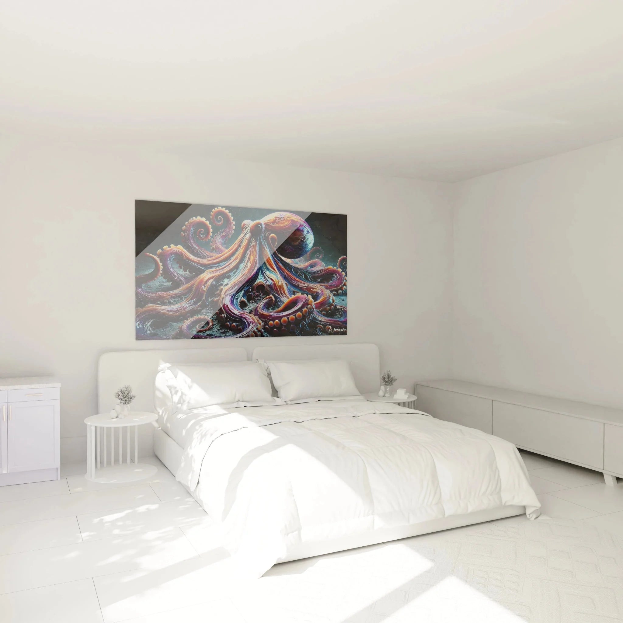 Oktopus Wandbild XXL in Schlafzimmer Ambiente mit mystischen Regenbogententakeln als Wanddeko