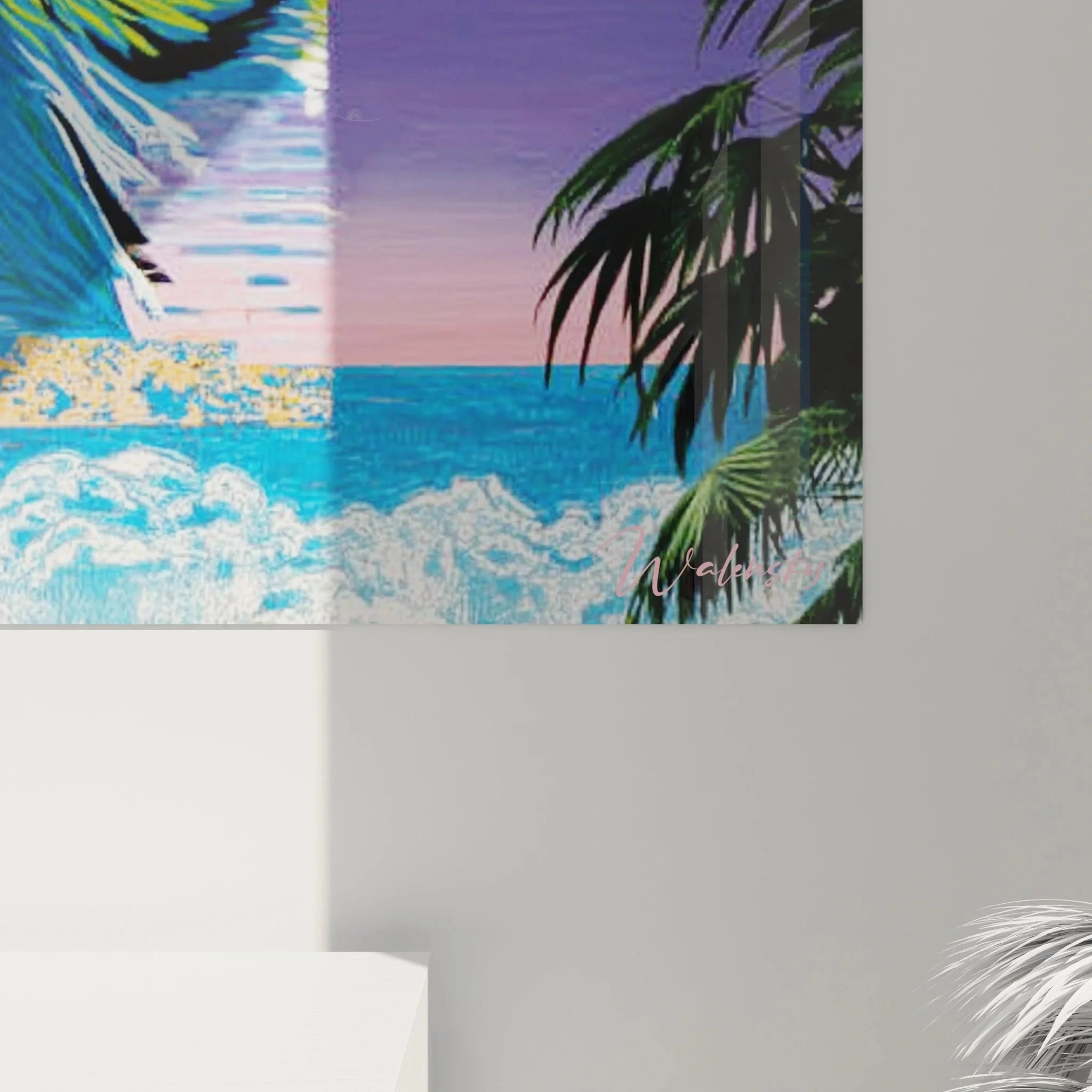 Gesamtansicht Op Art Tiger Wandbild mit tropischer Landschaft und modernen Farbelementen