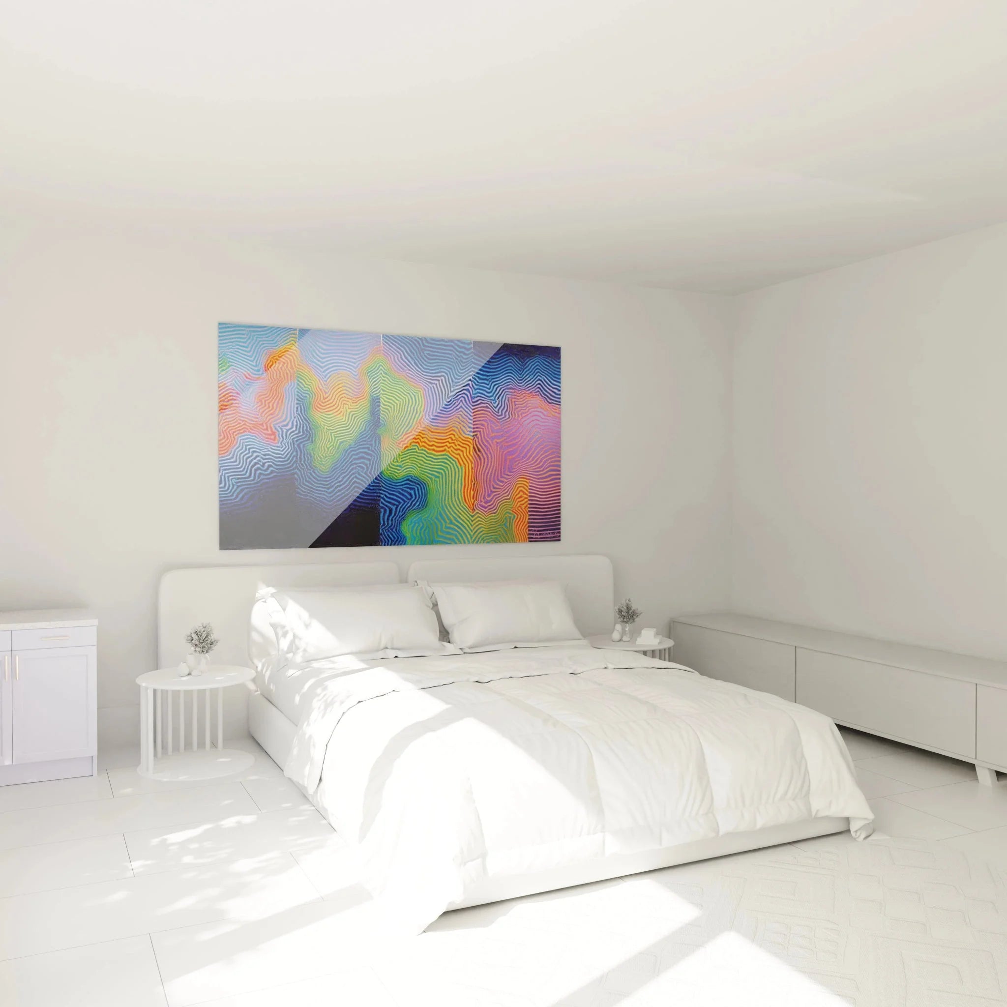 Op Art Wandbild mit abstrakten Wellen in modernem Schlafzimmer als Wanddekoration