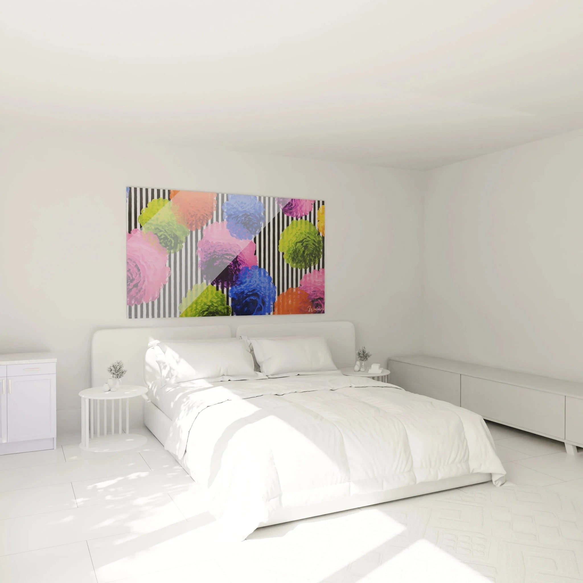 Op Art Wandbild mit Blumen Streifen in modernem Schlafzimmer über dem Bett hängend