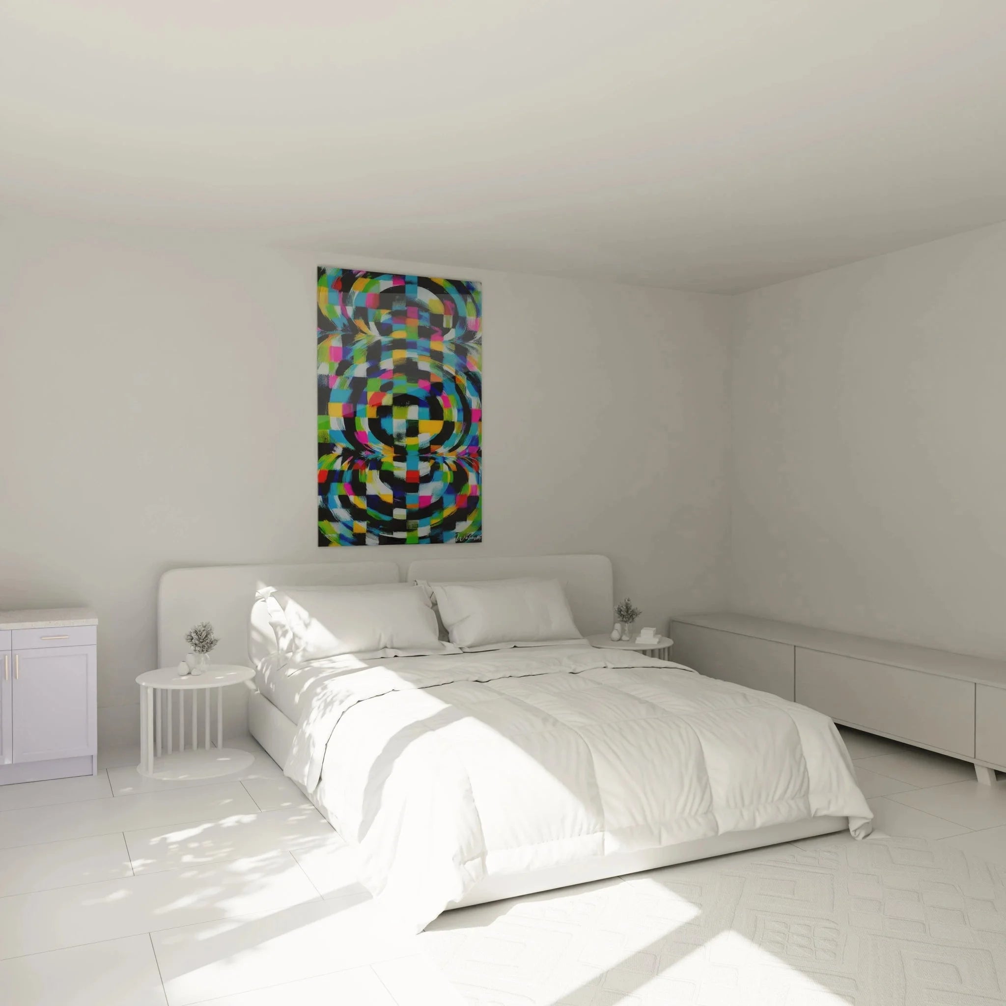 Op Art Wandbild geometrische Kreise in modernem Schlafzimmer als stilvolle Wanddekoration