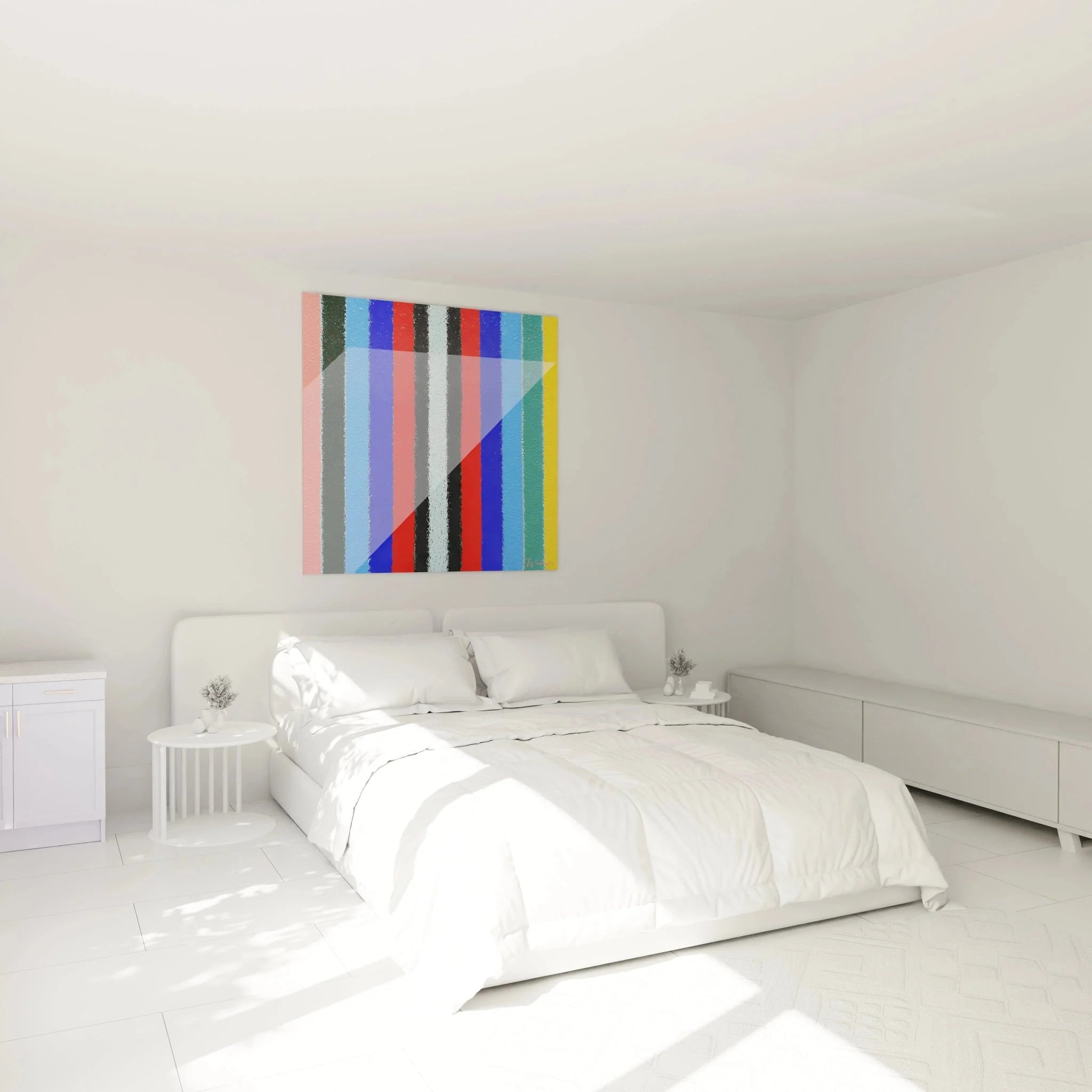 Op Art Wandbild vertikale Streifen in modernem Schlafzimmer Ambiente leuchtende Farbstreifen Wanddekoration