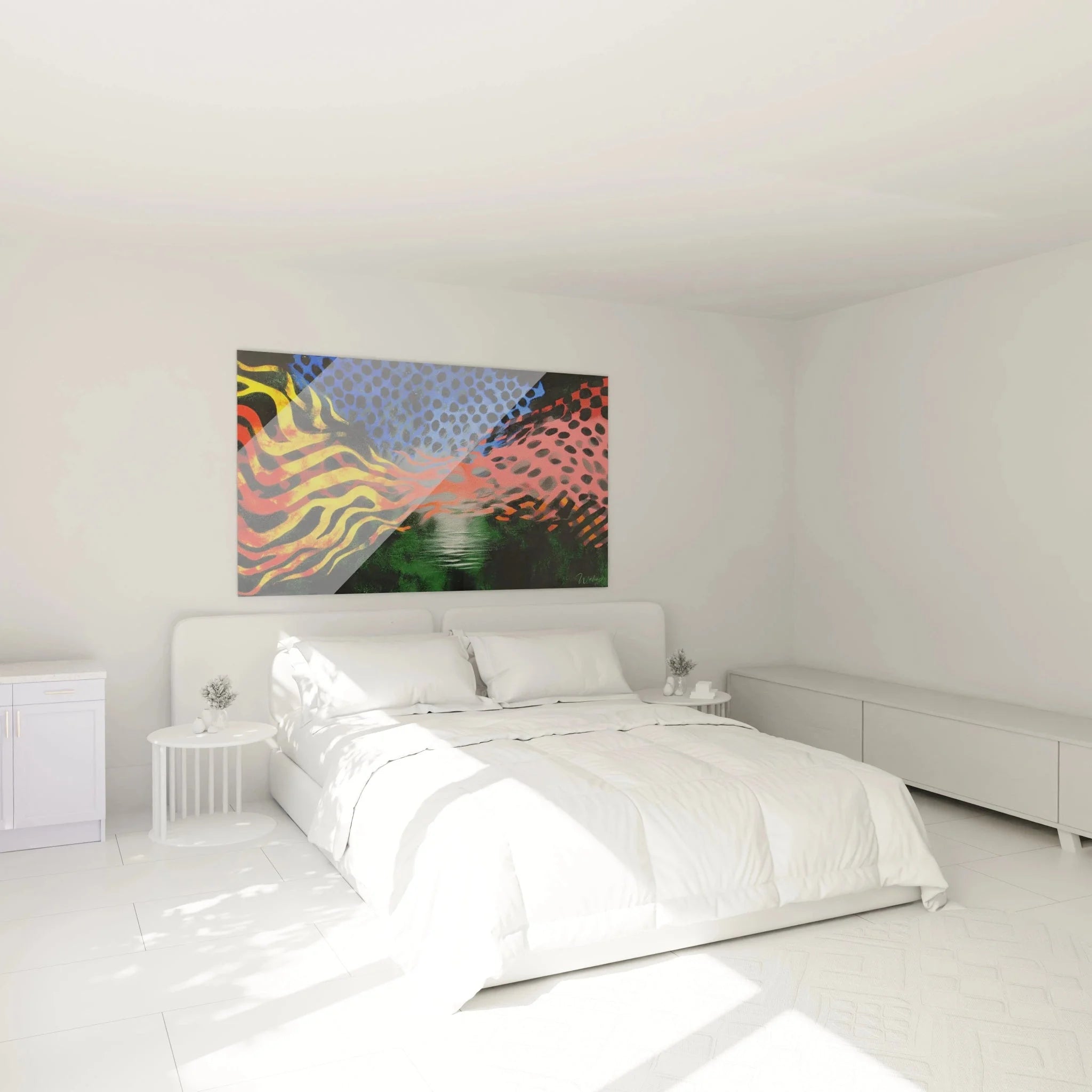Op Art Wandbild mit Wellenformen als Schlafzimmer Wanddekoration in leuchtenden Farben