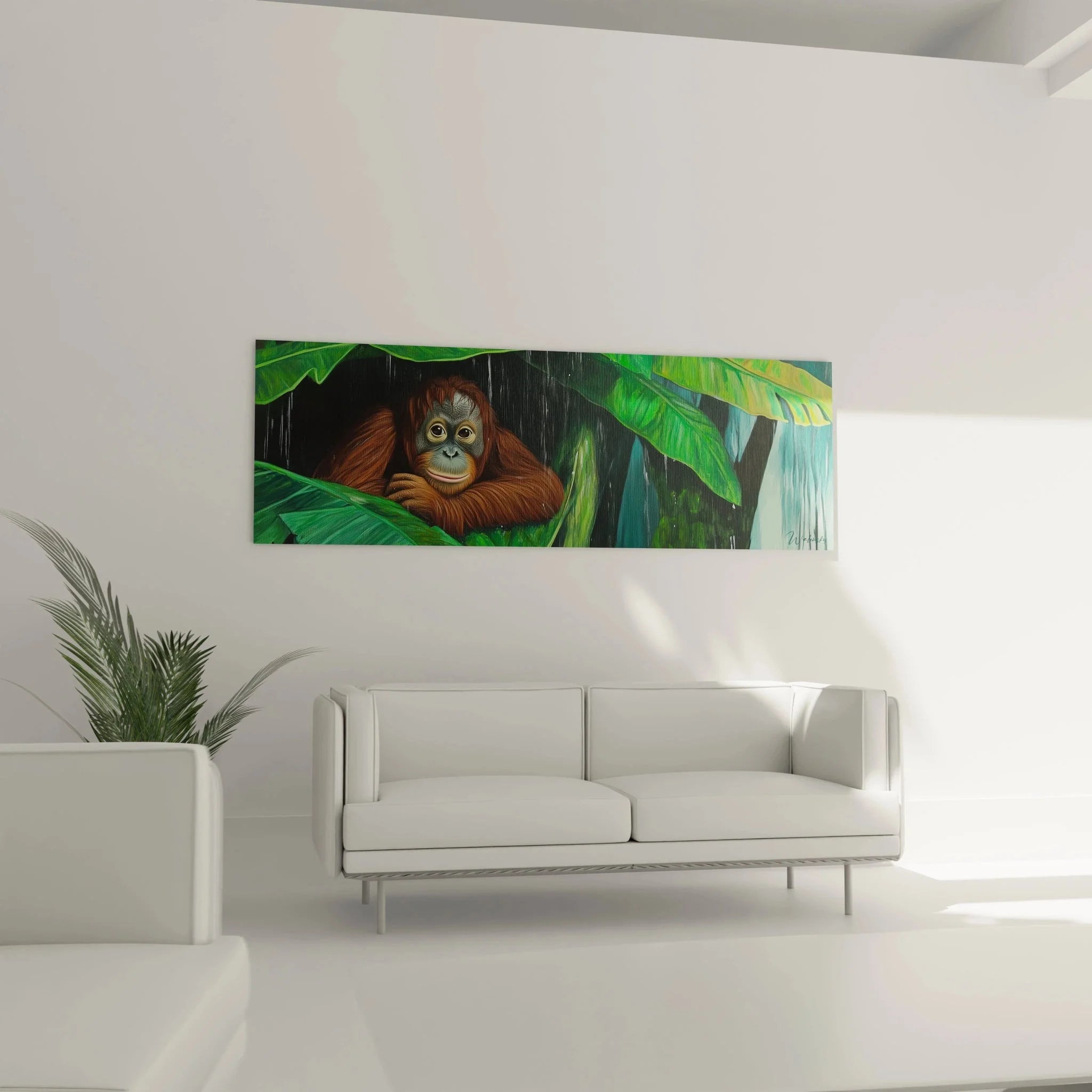 Detailansicht Orang-Utan Gesicht Wandbild - realistische Darstellung mit bernsteinfarbenen Augen