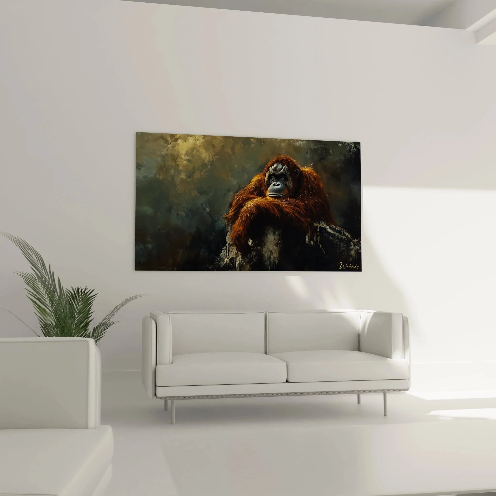 Wandbild nachdenklicher Orang-Utan in elegantem Schlafzimmer als stilvolle Wanddekoration montiert