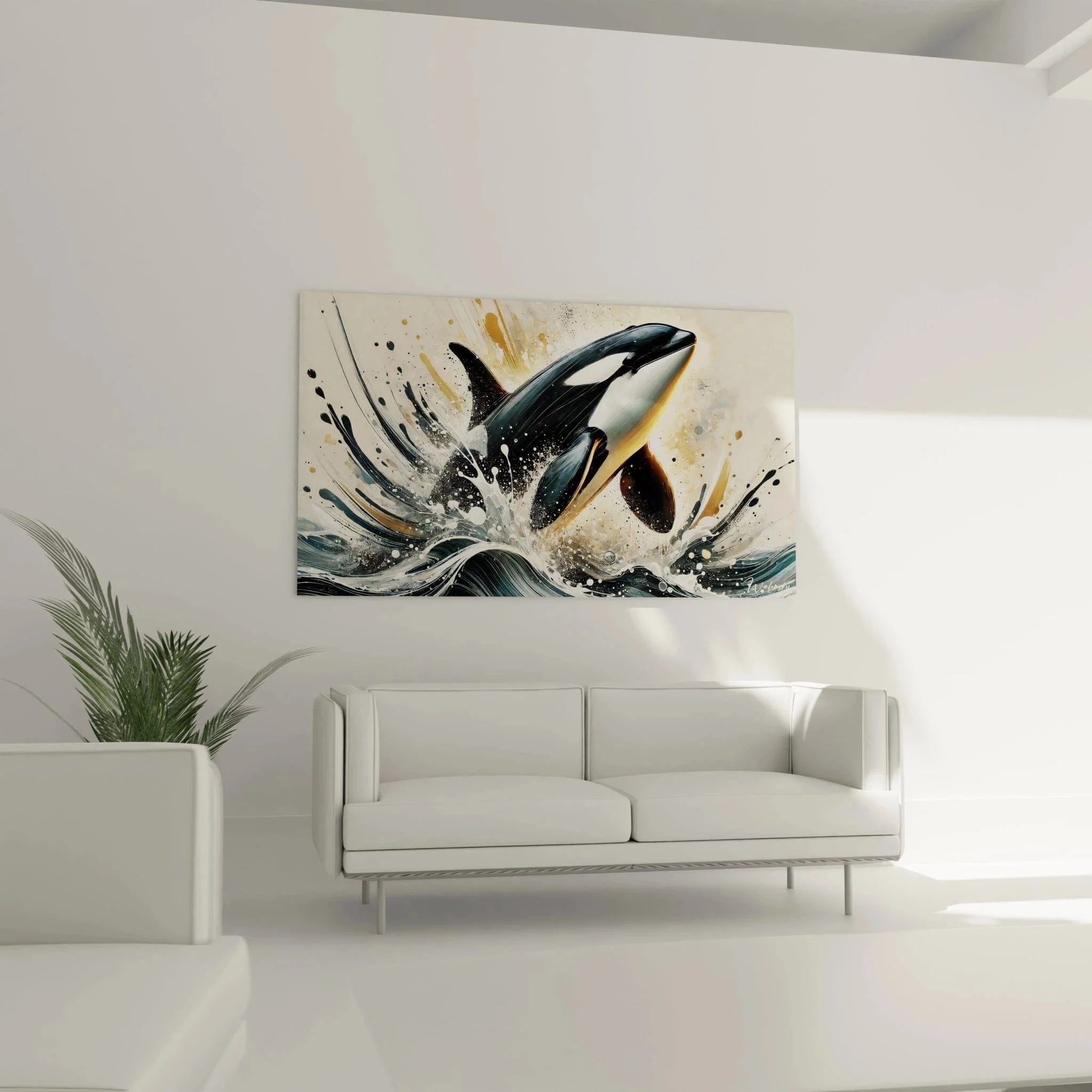 Detailaufnahme Orca Wandkunst zeigt realistische Schwarz-Weiß-Färbung mit Wassereffekten