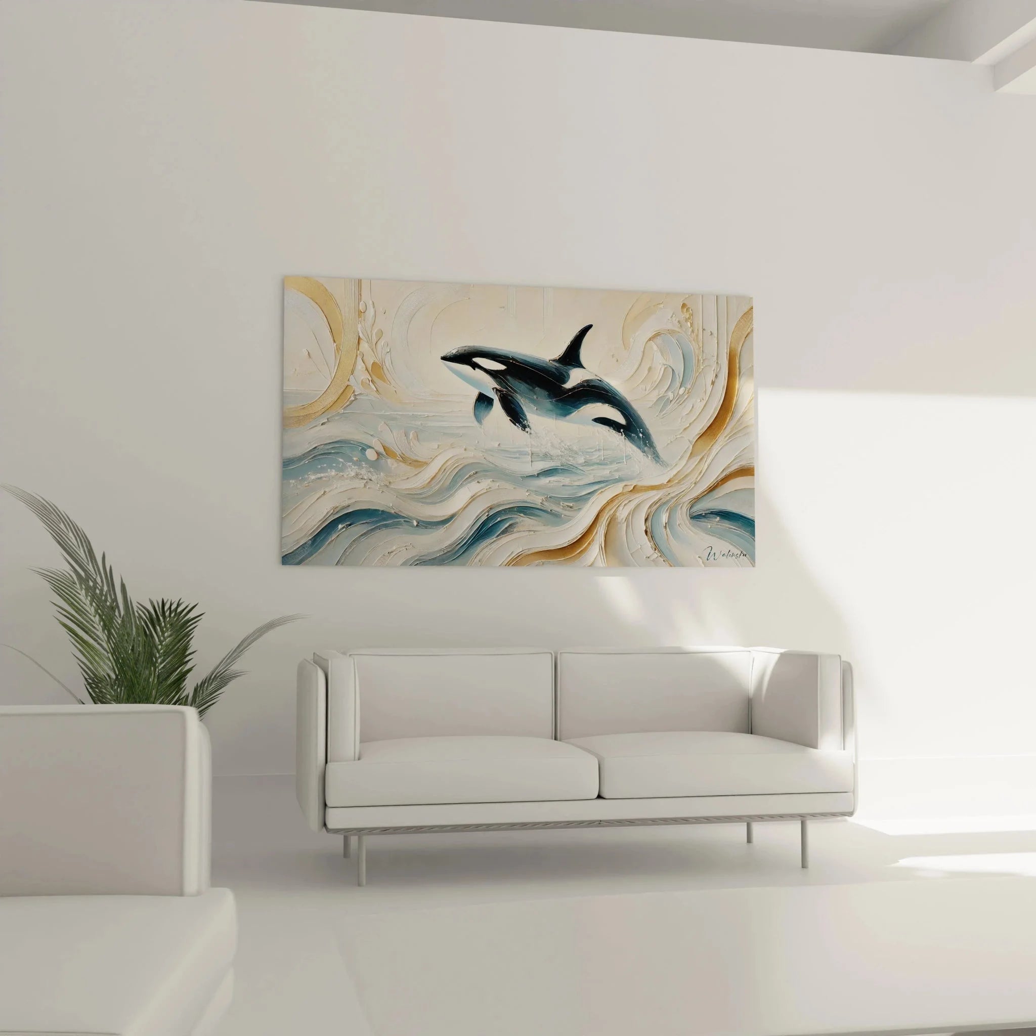 Detailansicht Orca Leinwandbild - texturierte Malweise mit goldenen Wellenakzenten nahaufnahme