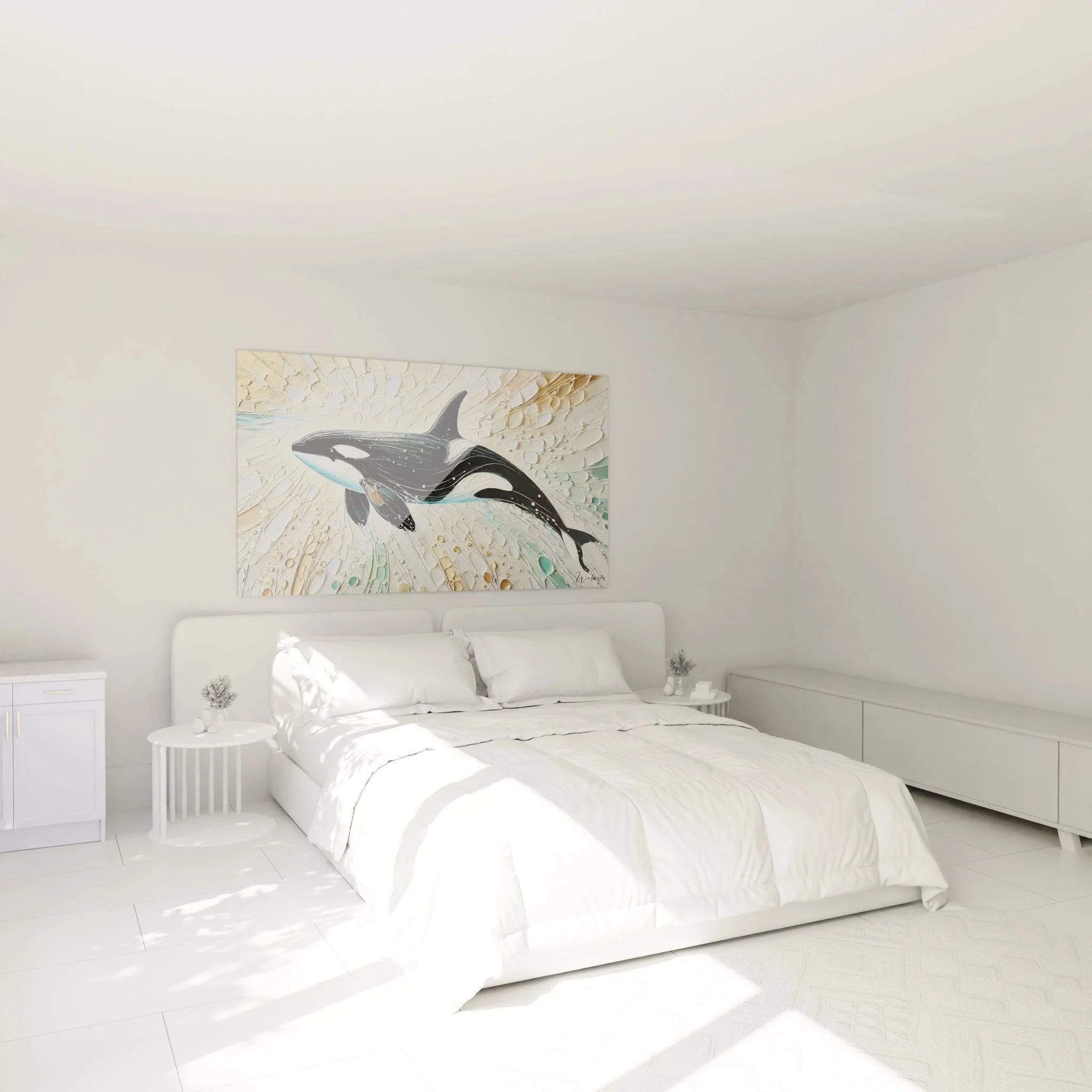 Orca Wandbild im modernen Schlafzimmer - maritime Dekoration mit Schwertwal Motiv