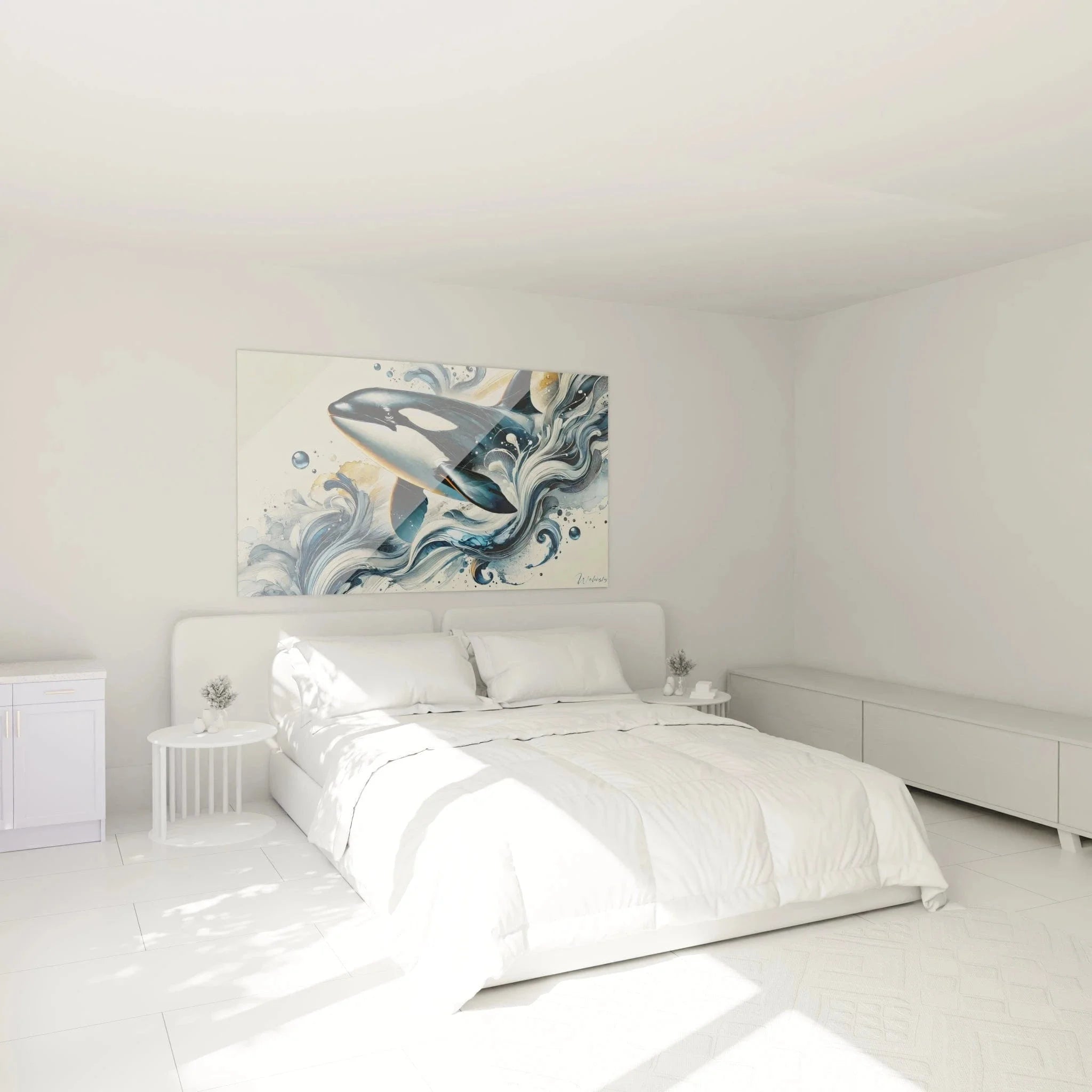 Orca Wandbild im Schlafzimmer - Schwertwal Leinwanddruck als stilvolle Wanddekoration über dem Bett