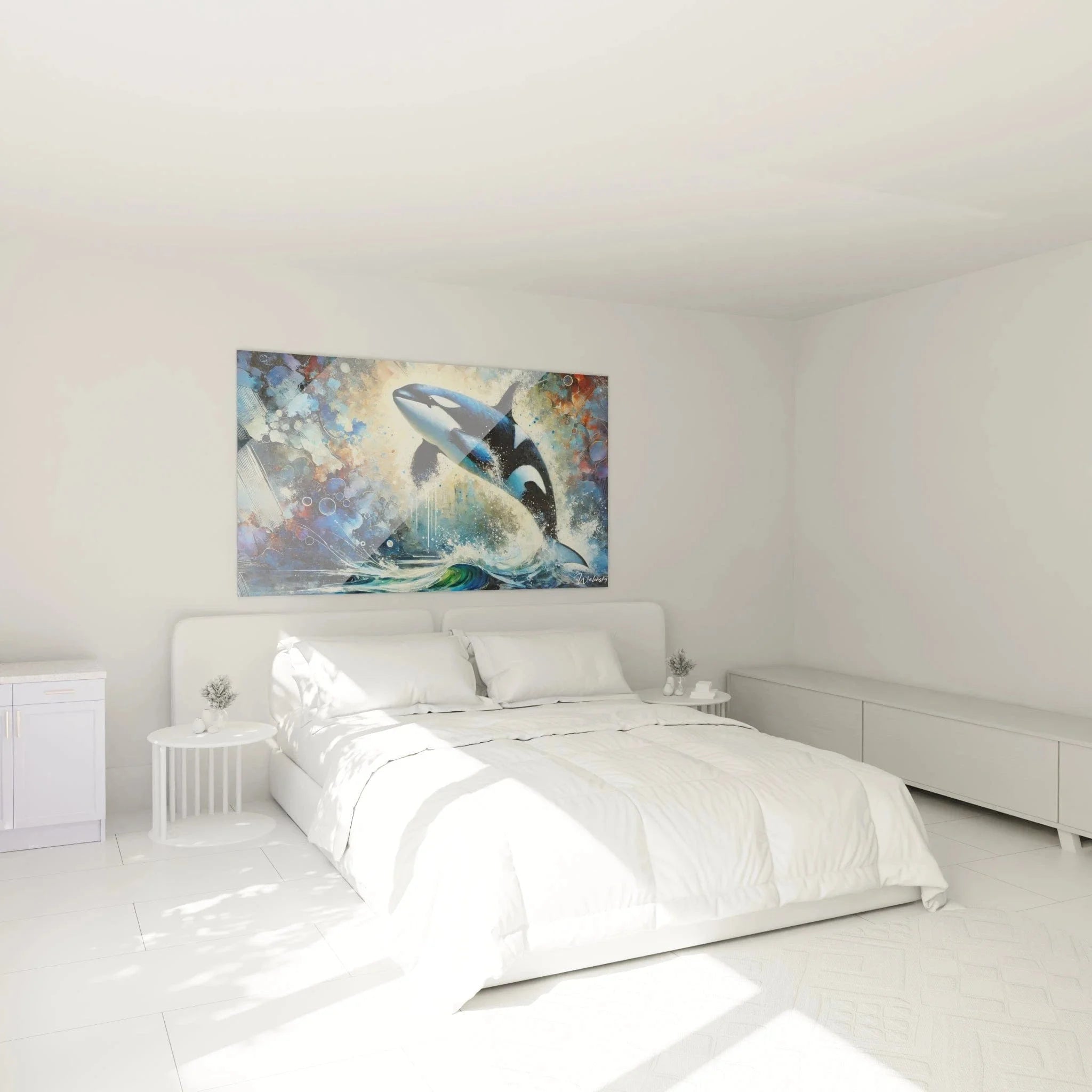 Orca Wandbild XXL in modernem Schlafzimmer als maritime Wanddekoration