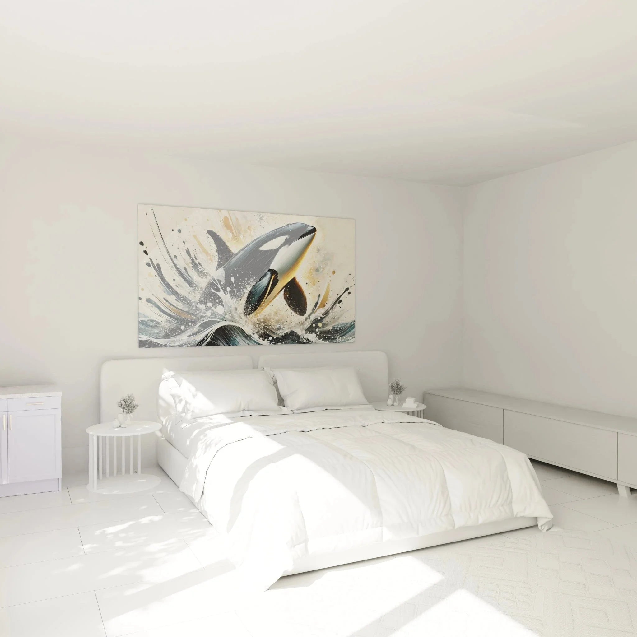 Orca Wandbild XXL in modernem Schlafzimmer als stilvolle maritime Wanddekoration