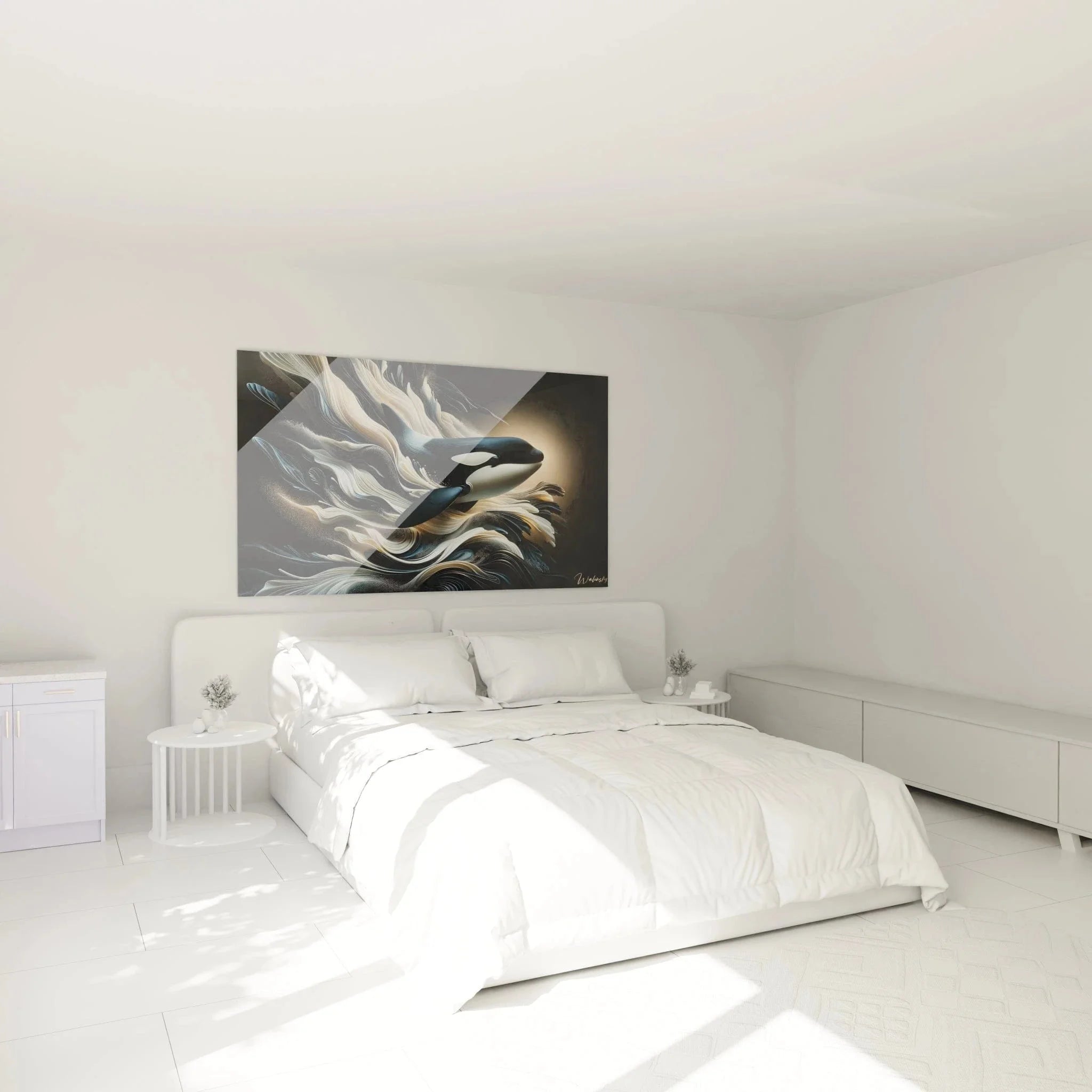 Orca Wandbild XXL im Schlafzimmer - elegante maritime Wanddeko in Blau-Gold-Tönen über dem Bett