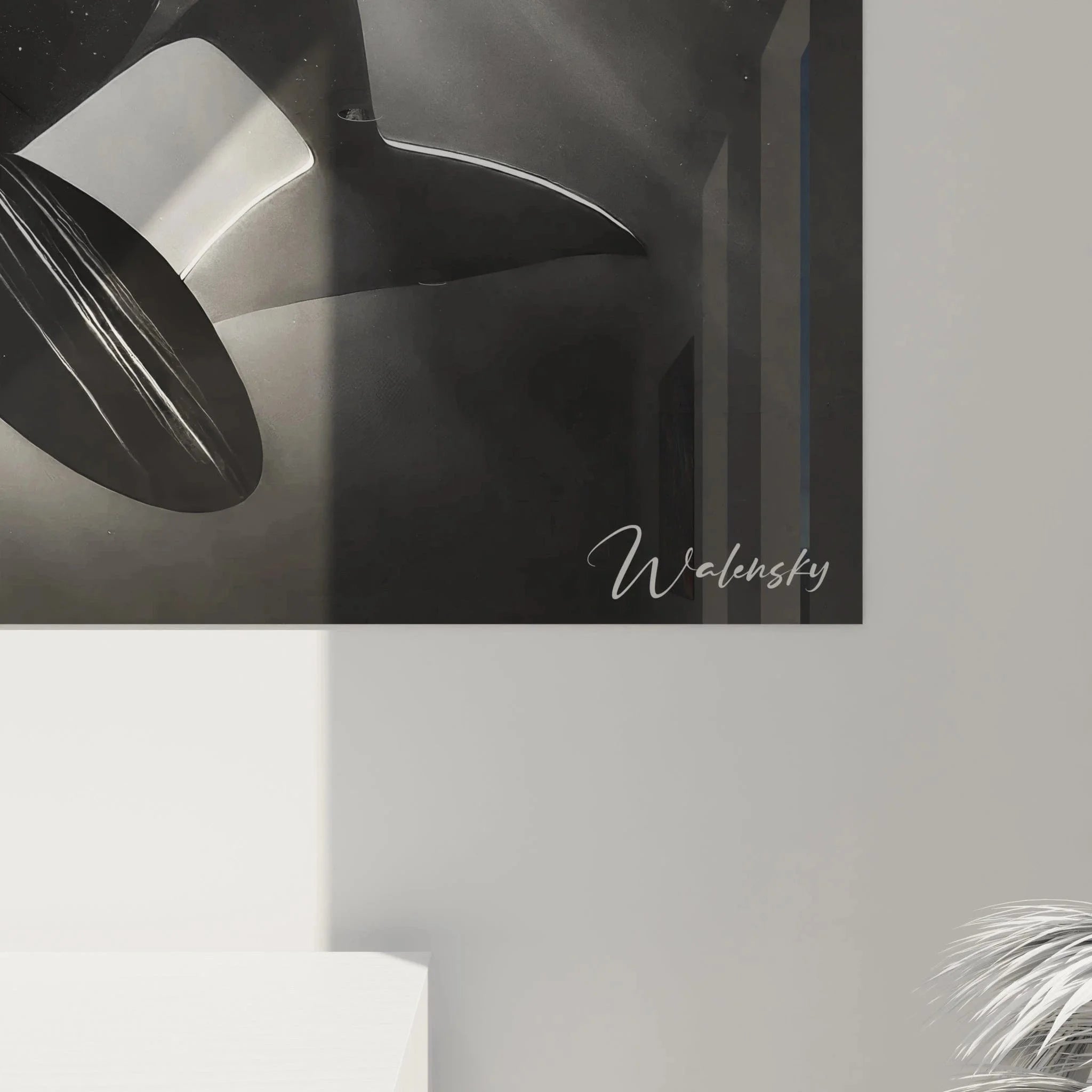 Gesamtansicht Orca Wandbild - Schwertwal Kunstwerk in modernem Wohnraum als maritime Wandkunst