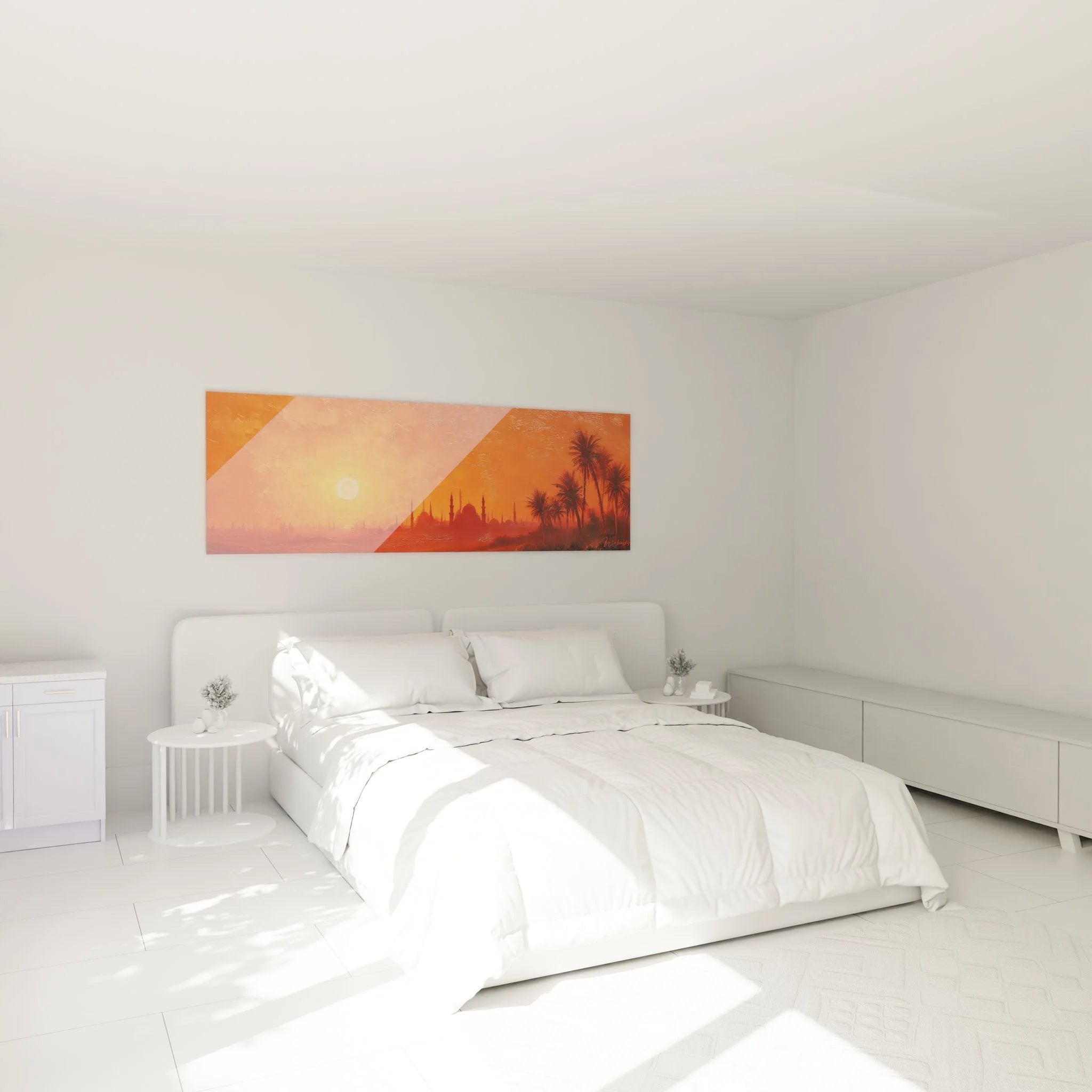 Orientalisches Wandbild Wüstenmotiv mit Moschee über Bett im Schlafzimmer als Wanddekoration