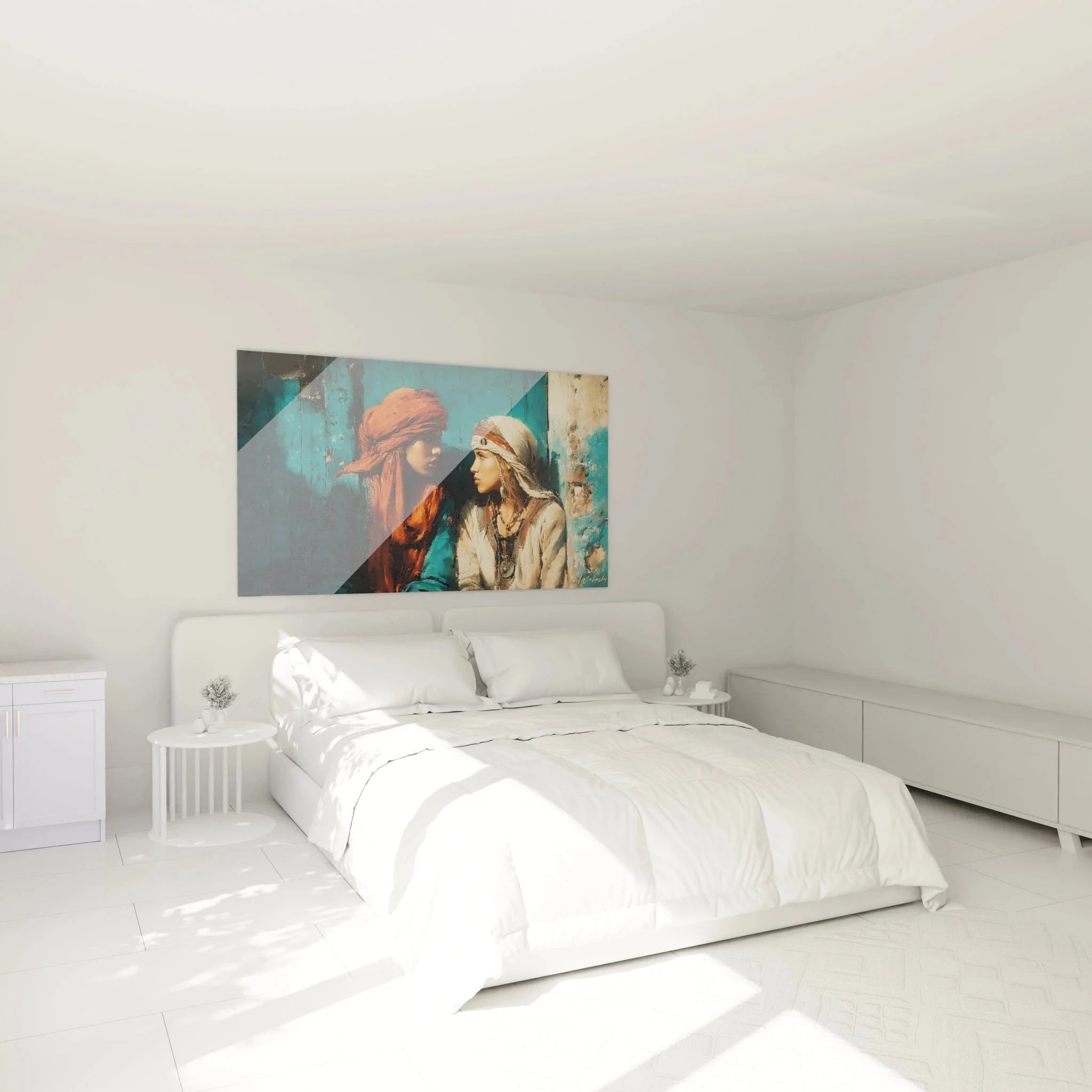 Wandbild orientalische Frauen XXL in modernem Schlafzimmer als stilvolle Wanddekoration