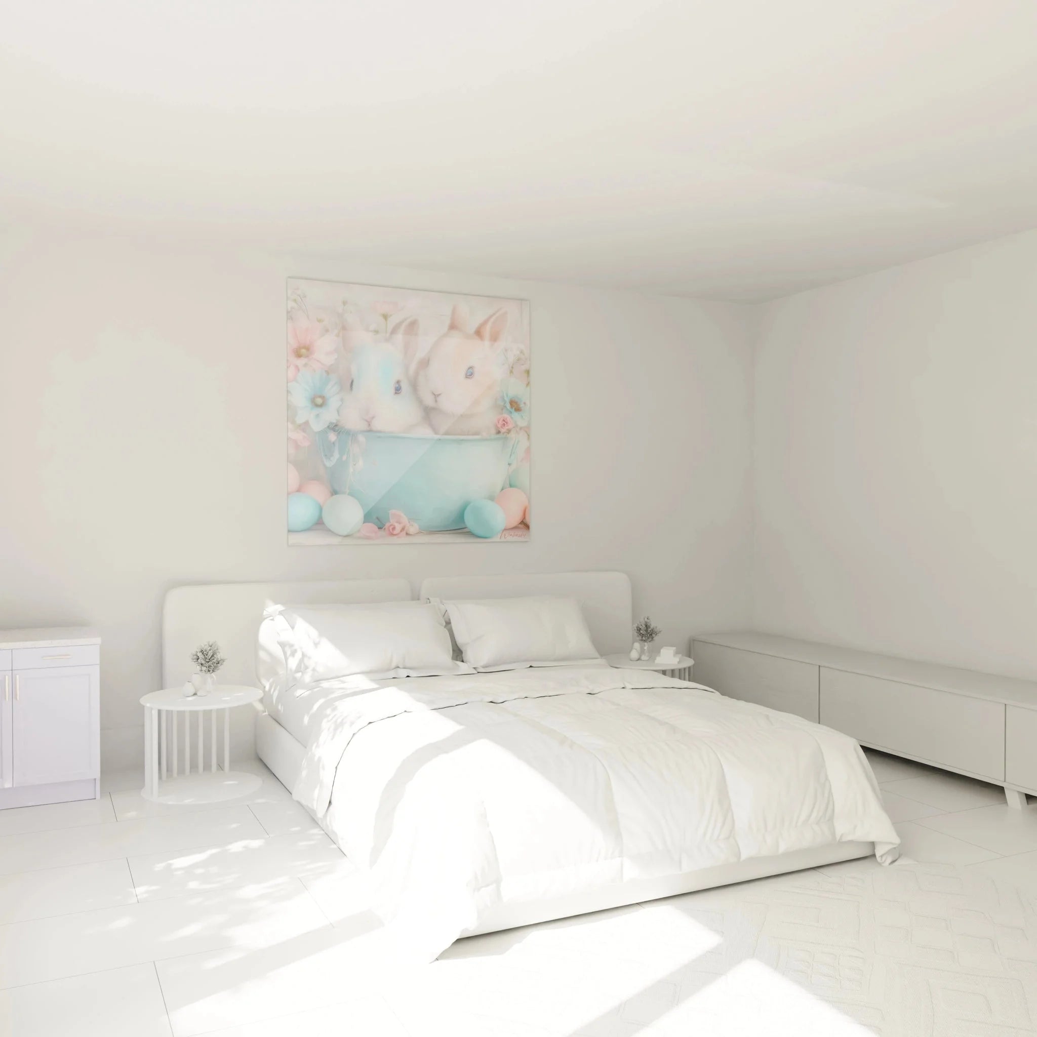 Osterhasen Wandbild im Schlafzimmer - pastellige Osterdekoration für gemütliche Atmosphäre