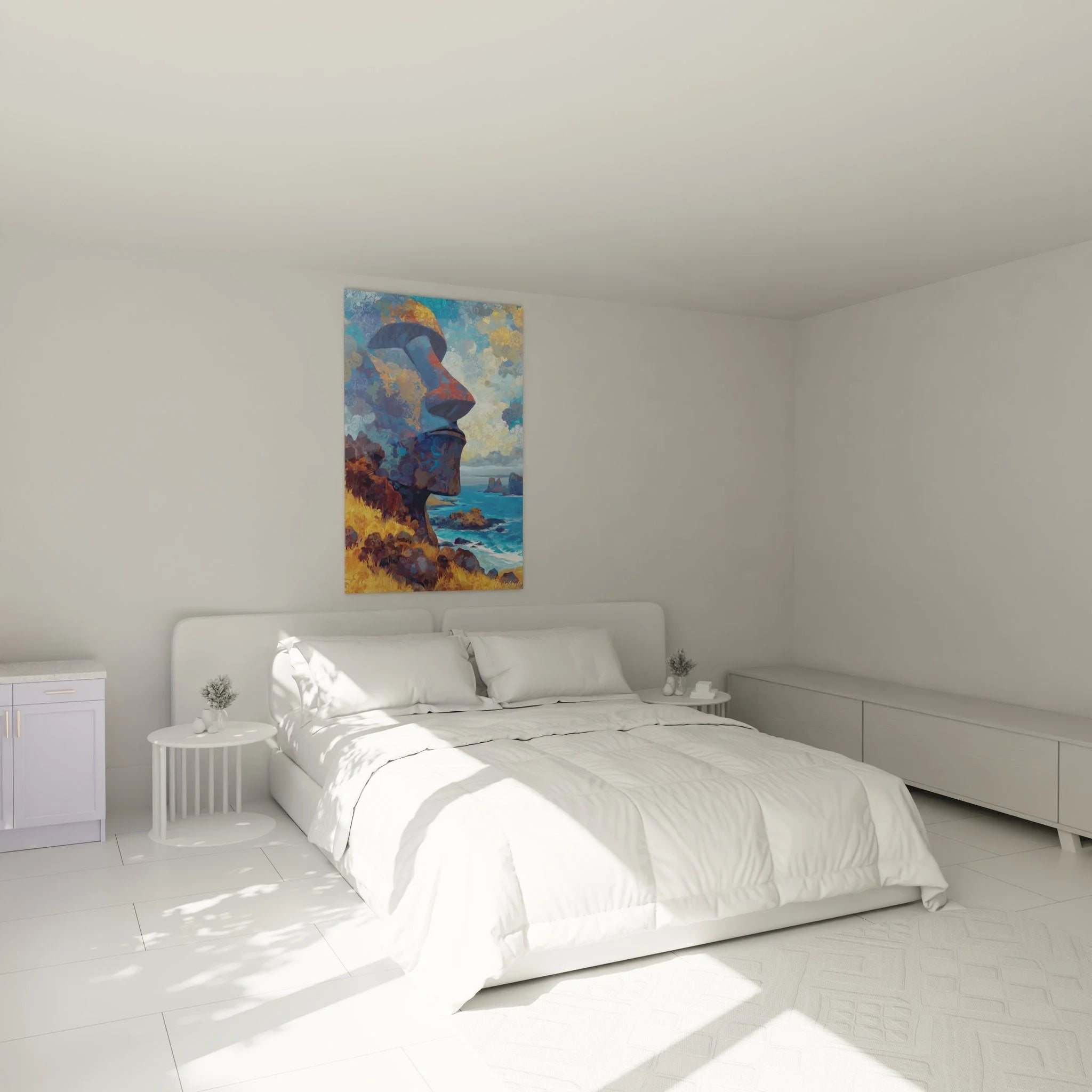 Osterinsel Wandbild mit Moai-Statue als stilvolle Wanddeko im modernen Schlafzimmer-Ambiente