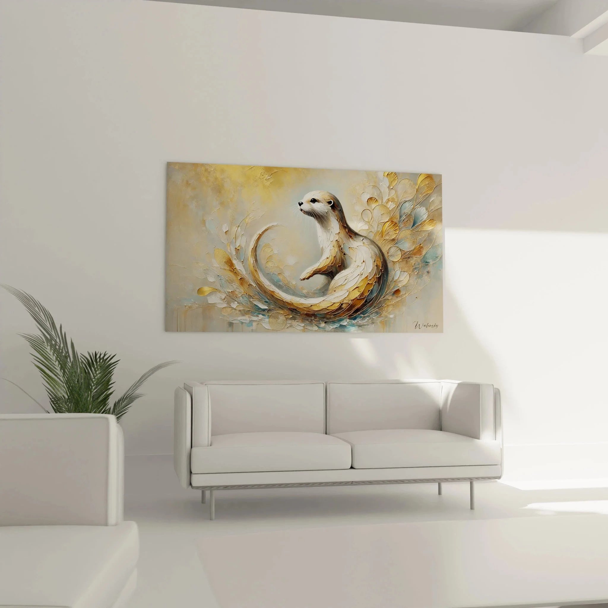 Detailansicht Otter Leinwandbild mit goldenen Texturen und ornamentalen Elementen in Premium Qualität