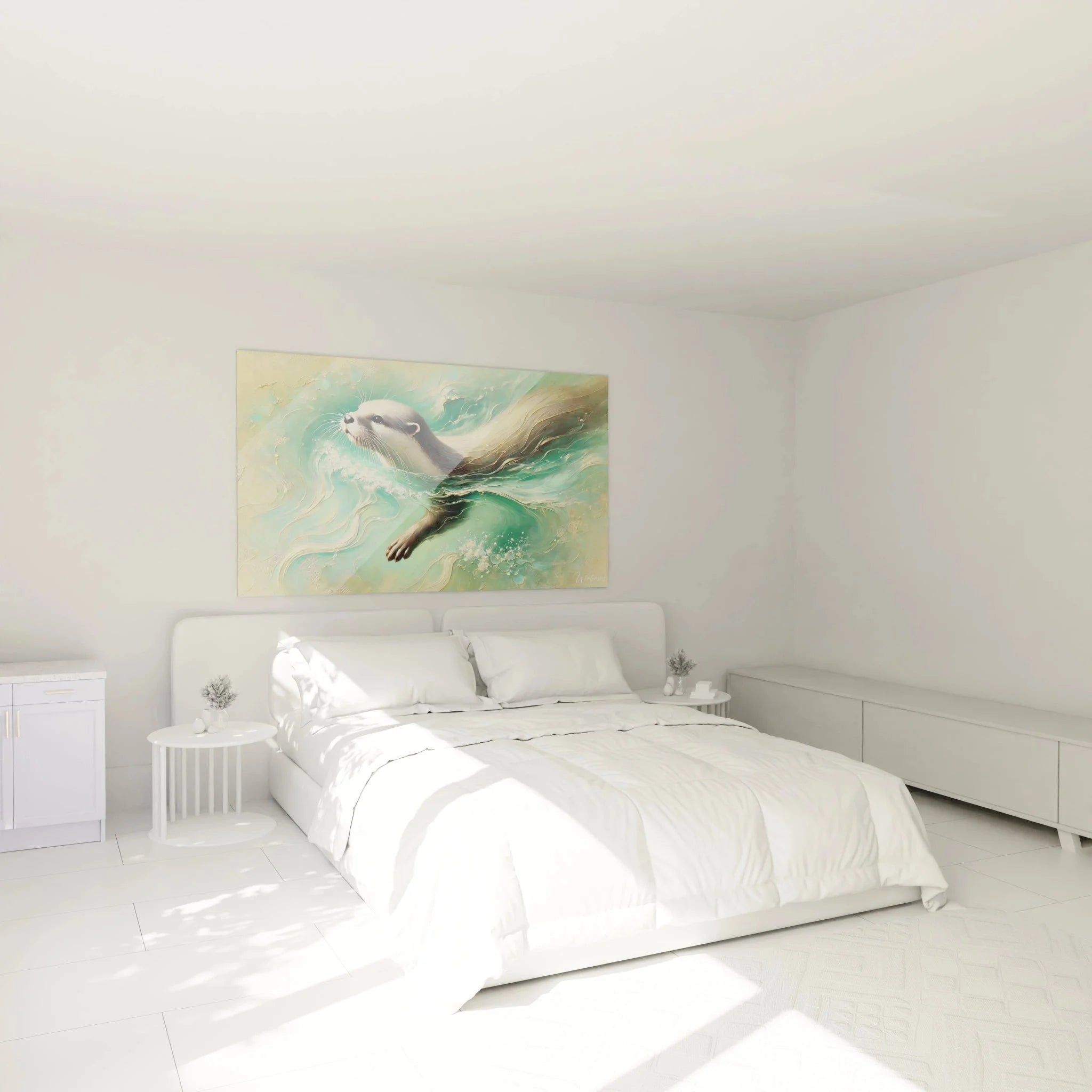 Otter Wandbild in Schlafzimmer Ambiente, beruhigende Aquarellfarben für Wohnräume