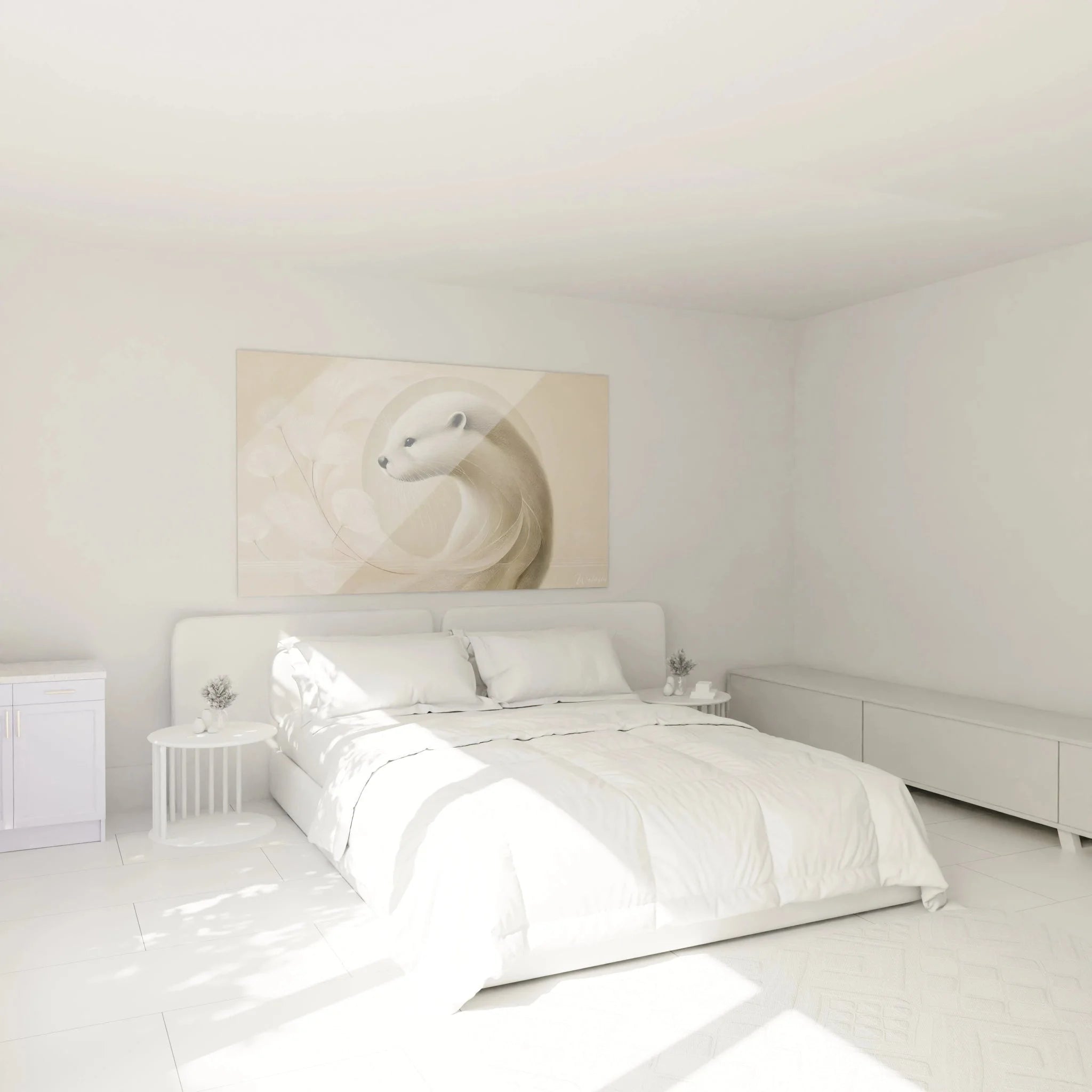Otter Wandbild in Schlafzimmer-Ambiente, sanfte Beige-Töne schaffen beruhigende Atmosphäre