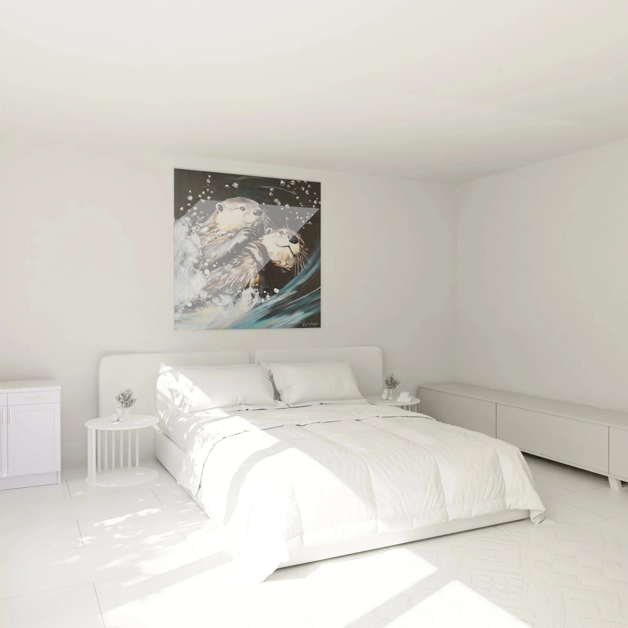 Otter Wandbild in elegantem Schlafzimmer - Seeotter Paar als stilvolle Wanddekoration
