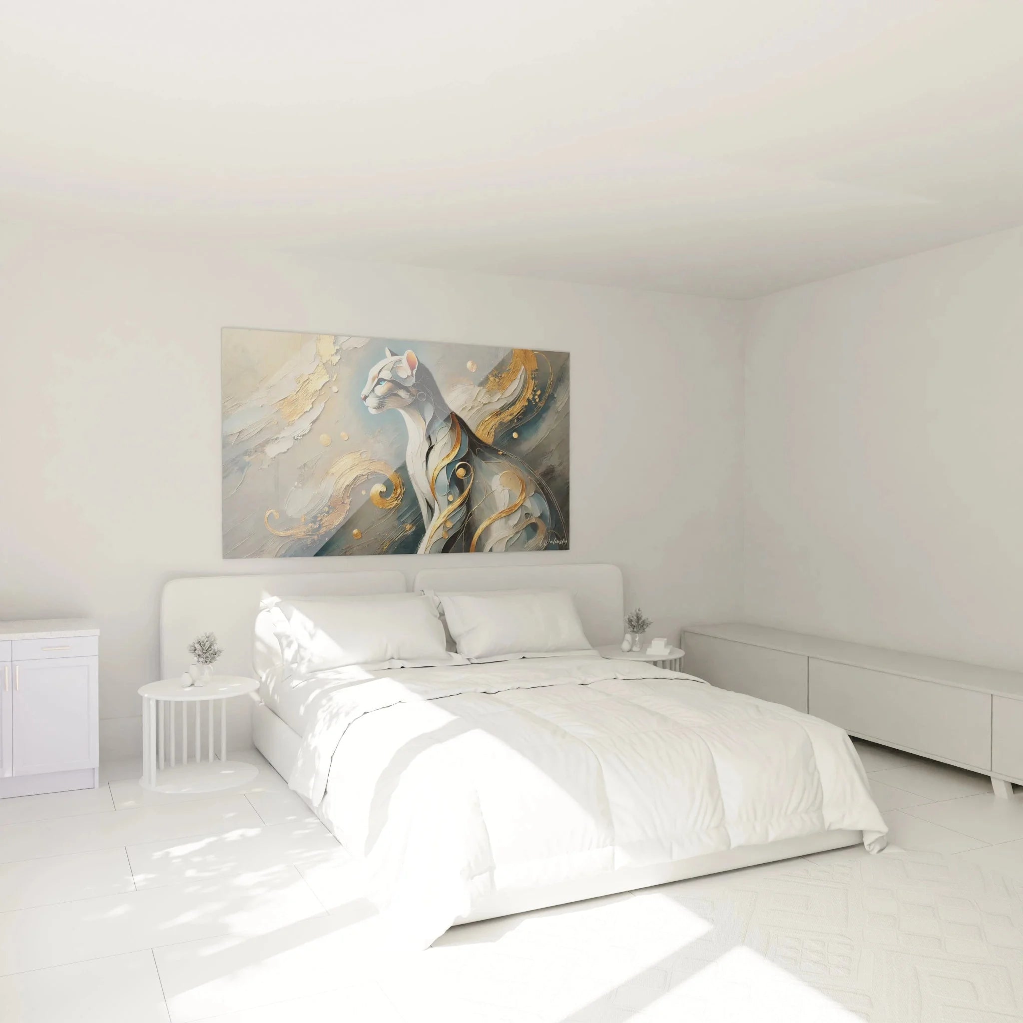 Ozelot Wandbild XXL in Schlafzimmer Ambiente mit eleganter Goldornament Gestaltung und abstrakter Kunstform