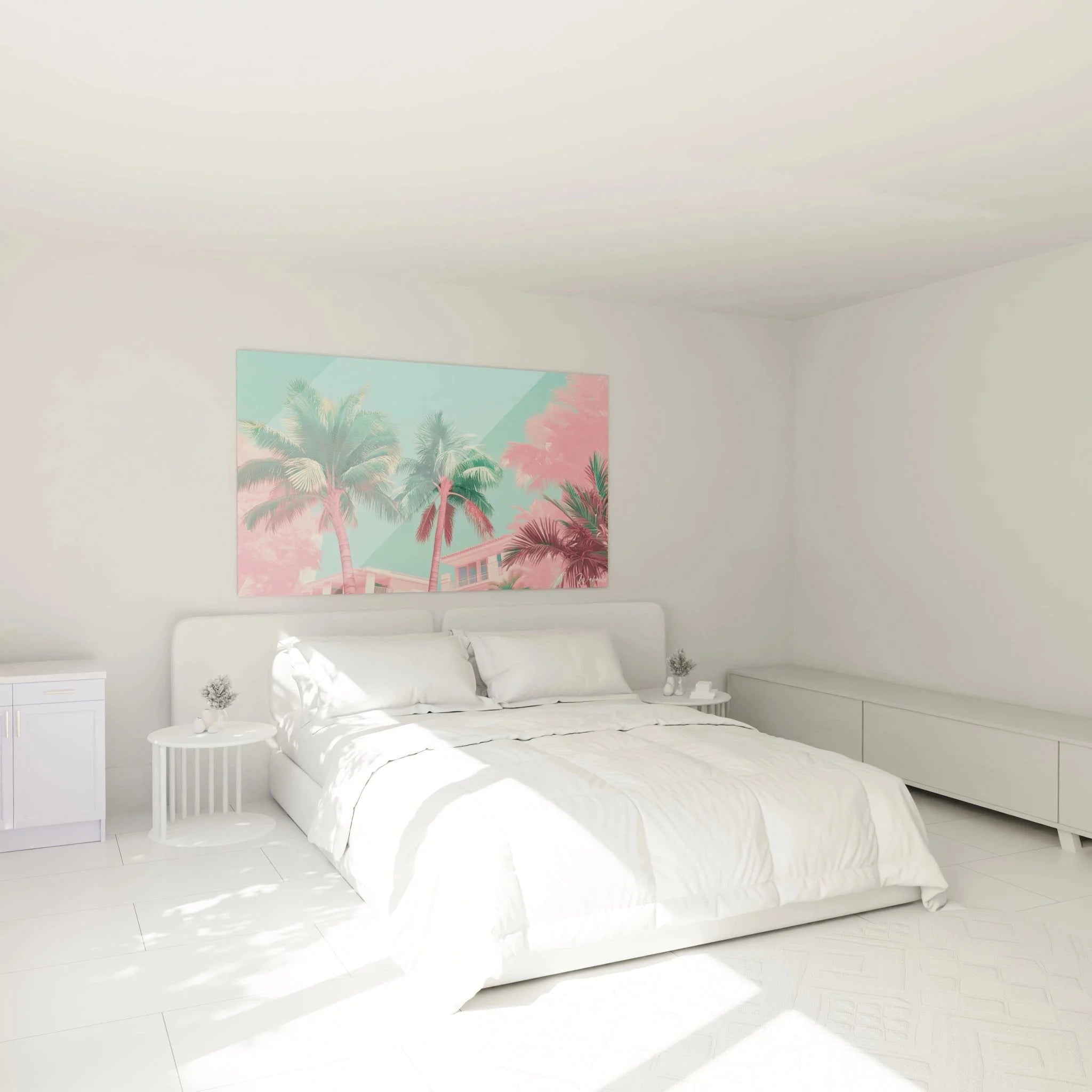 Tropisches Palmen Wandbild im Schlafzimmer mit Miami Vice Retro-Stil und warmen Pastelltönen