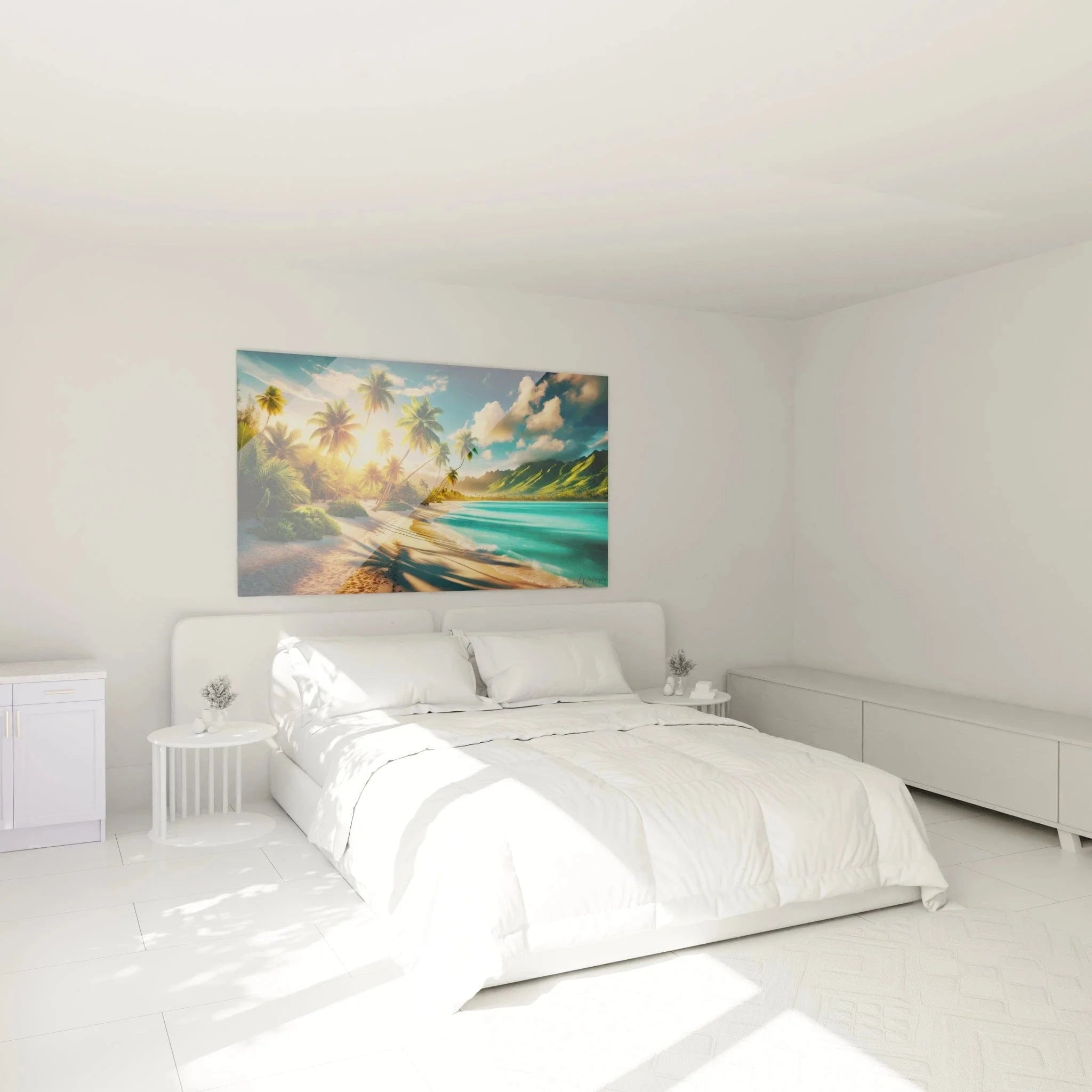 Tropisches palmen wandbild in modernem schlafzimmer strandmotiv türkises wasser dekoration