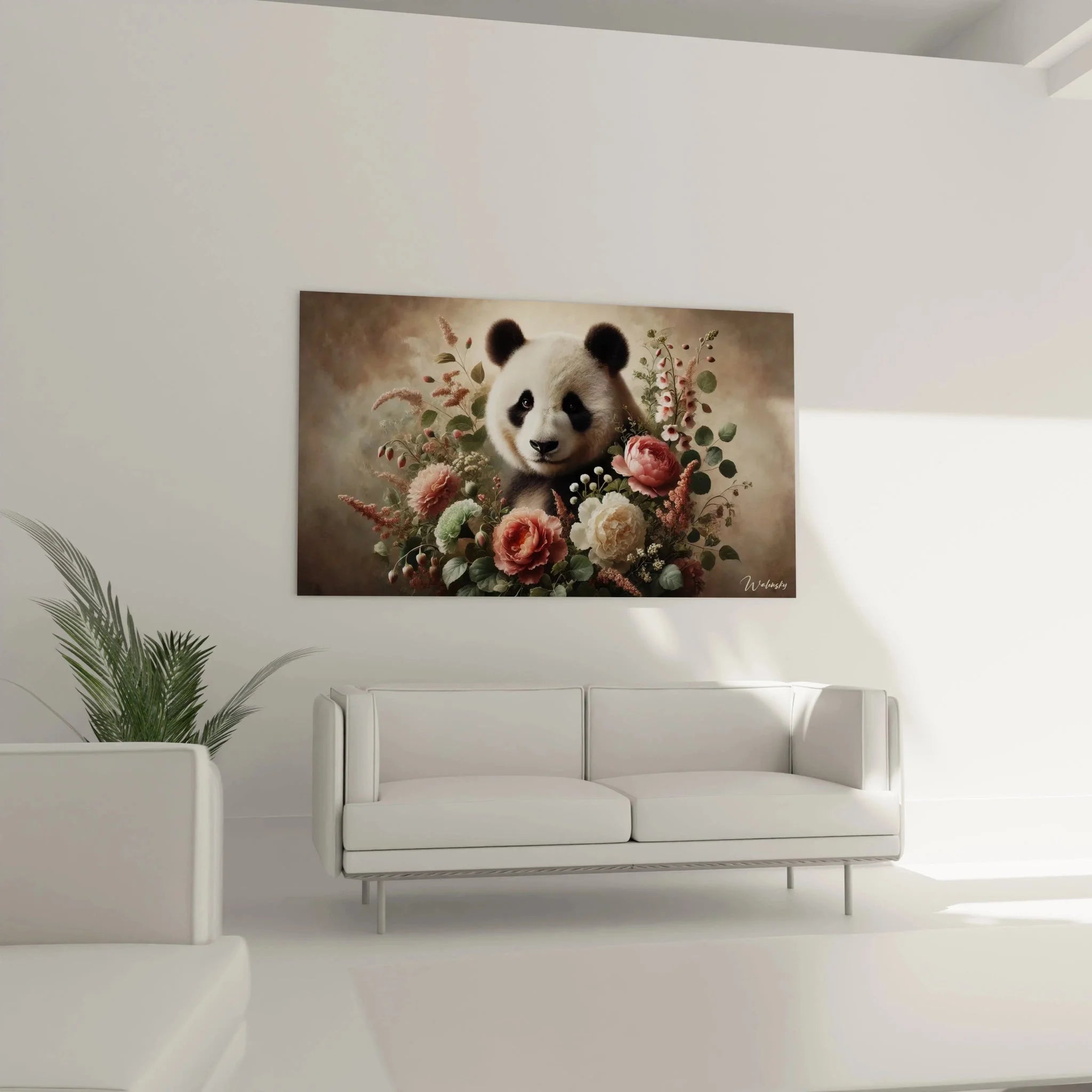 Detailansicht Panda Wandbild - Nahaufnahme der Blumenkomposition mit Pfingstrosen und Eukalyptus