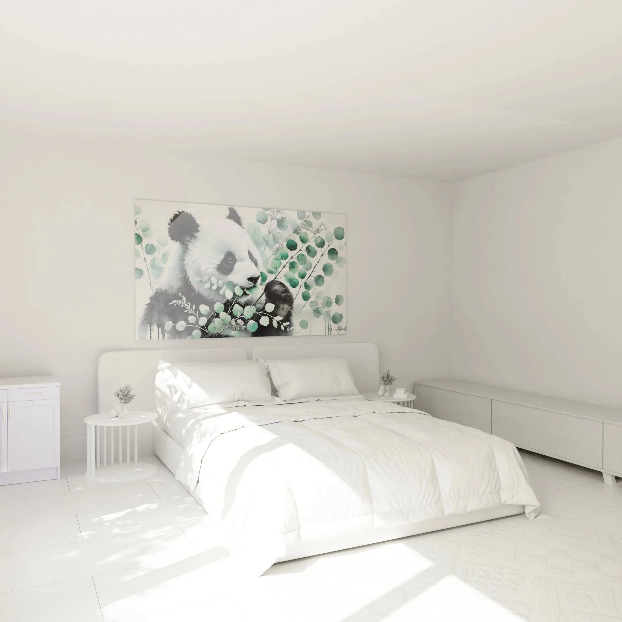 Panda Eukalyptus Wandbild in modernem Schlafzimmer, Aquarell-Stil, beruhigende Atmosphäre